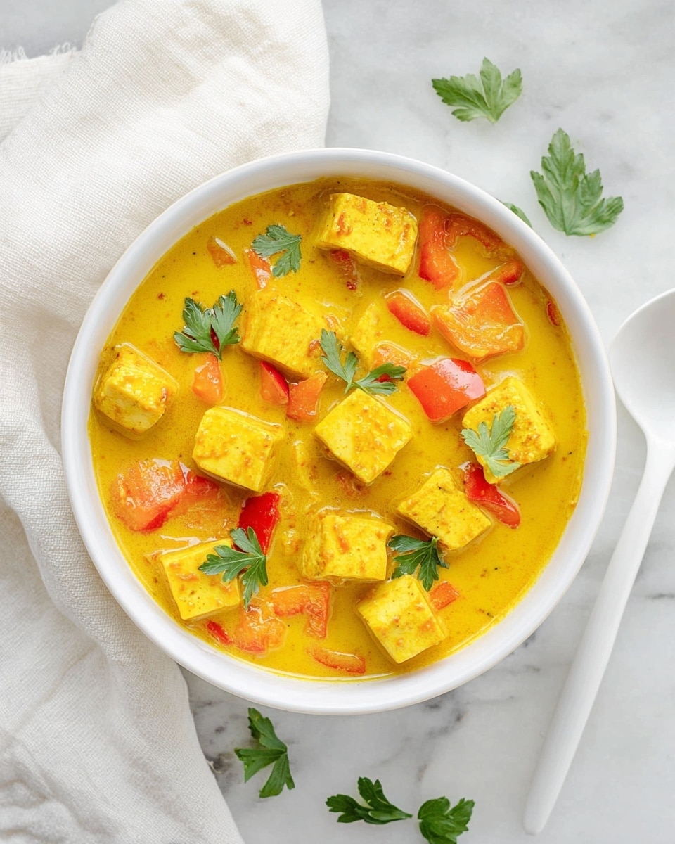 The dish shows a bowl of yellow curry soup with many pieces of light yellow tofu evenly spread in it. There are small cauliflower chunks that are pale yellow mixed with bright orange carrot slices and red bell pepper strips, all covered in a smooth yellow curry sauce. There are also bits of cooked translucent onion and fresh green parsley sprinkled on top for color. The food is served in a white bowl with a dark rim, placed on a white marbled surface. Photo taken with an iphone --ar 4:5 --v 7