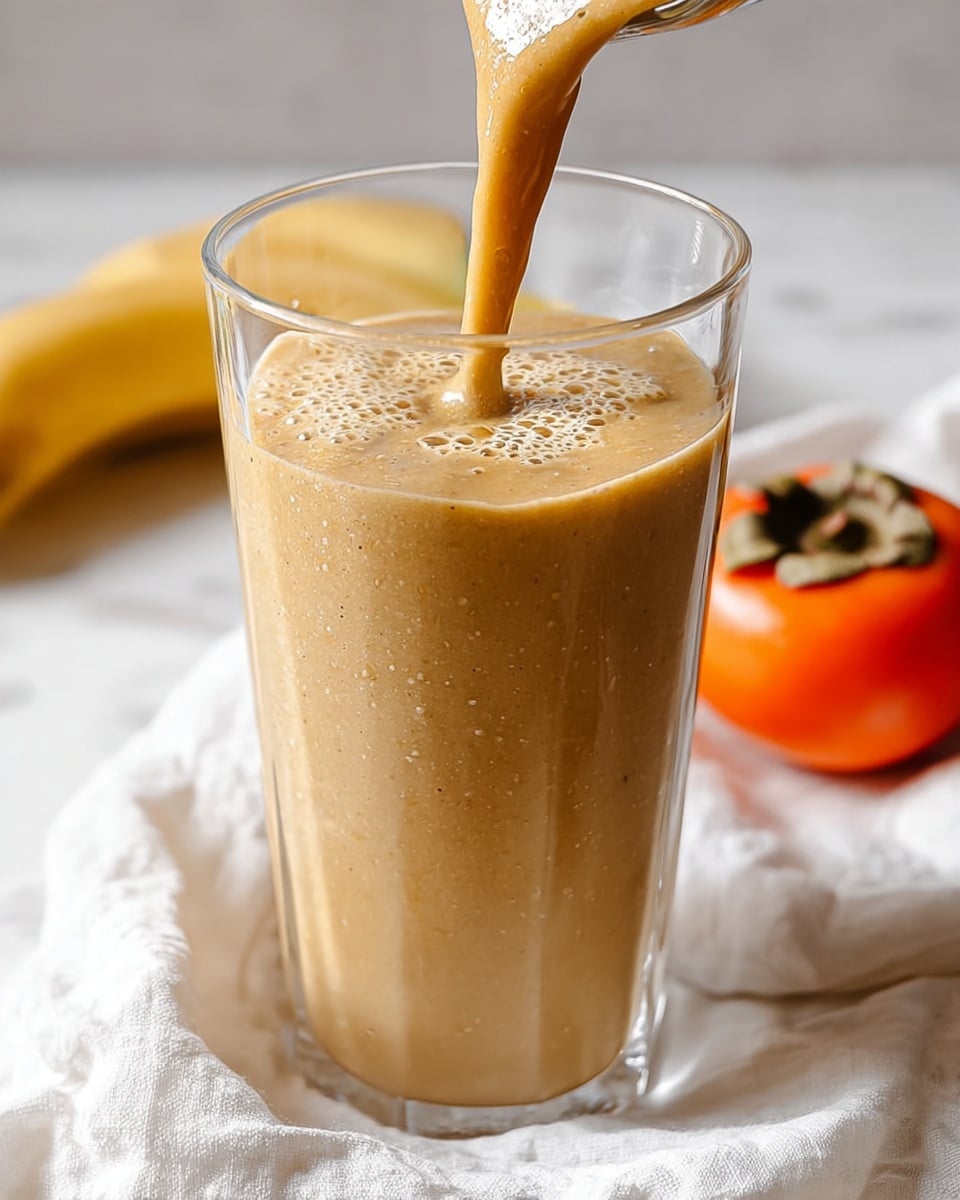 A tall clear glass filled with a thick light brown smoothie is shown close up, the smoothie is being poured from above, creating small bubbles on its frothy surface. Behind the glass there is a yellow banana and an orange persimmon fruit resting on a white cloth with soft folds. The scene is set on a white marbled surface with soft natural light. photo taken with an iphone --ar 4:5 --v 7