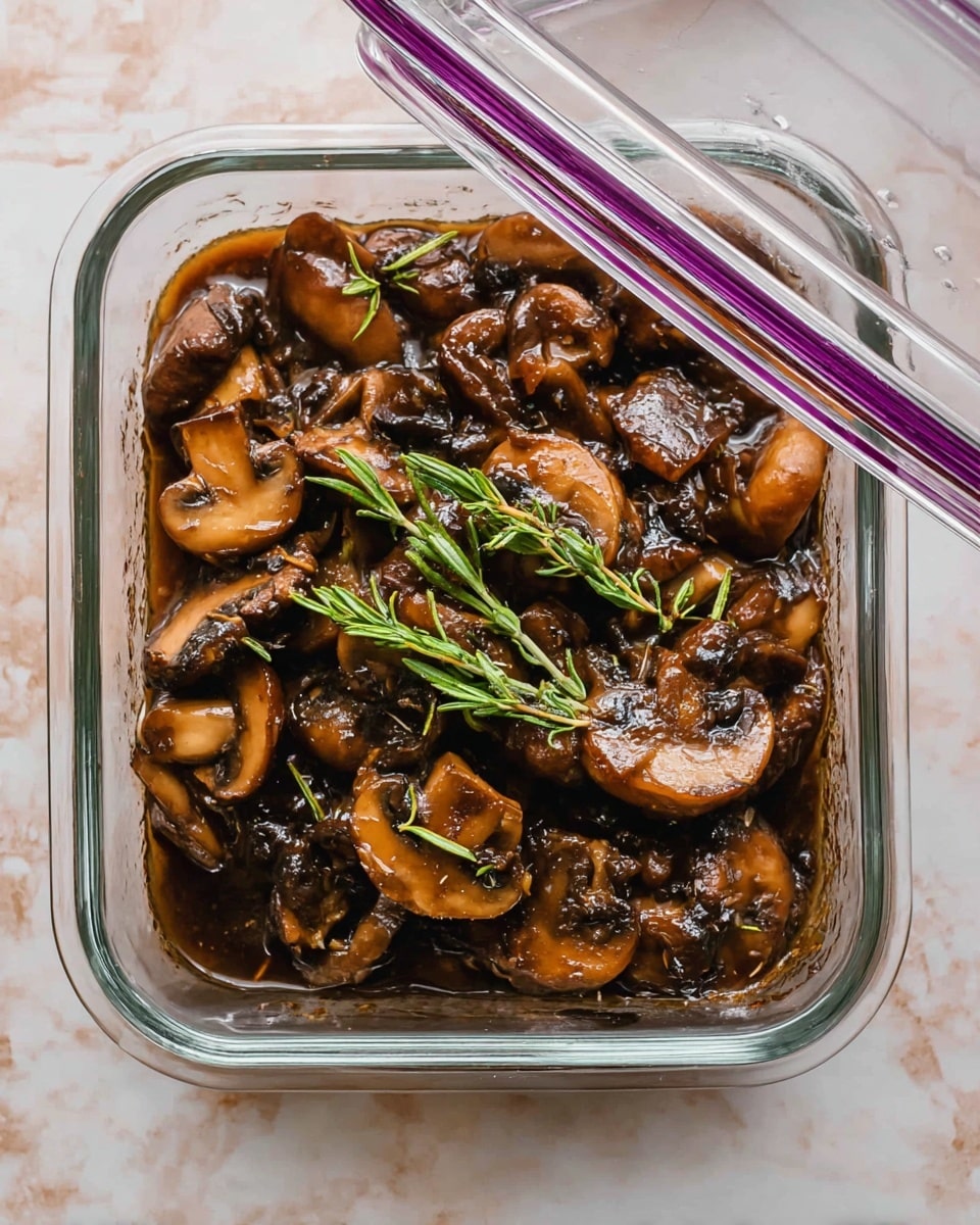 The image shows a clear rectangular glass container filled with cooked sliced mushrooms in a dark brown sauce. The mushrooms are thick and tender, layered unevenly inside the container, with the sauce coating each piece giving them a shiny appearance. On top of the mushrooms, there are two sprigs of fresh green herbs, adding a touch of color contrast. The container is placed on a white marbled surface, and a woman's hand is lifting the container's lid, which has a purple rim. Photo taken with an iphone --ar 4:5 --v 7