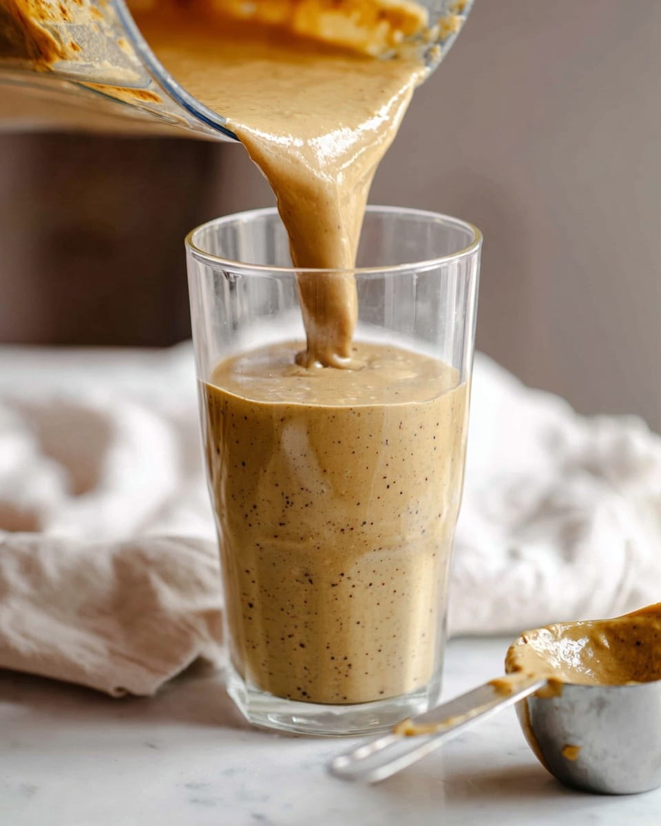 A clear tall glass is being filled with a thick, creamy beige smoothie that has small dark specks inside. The smoothie flows smoothly from a blender jar into the glass, partly filling it with a textured surface full of tiny bubbles. The glass sits on a white marbled surface next to a metal measuring cup smeared with some of the smoothie and a white cloth. The background is softly blurred, highlighting the rich, thick smoothie being poured. photo taken with an iphone --ar 4:5 --v 7