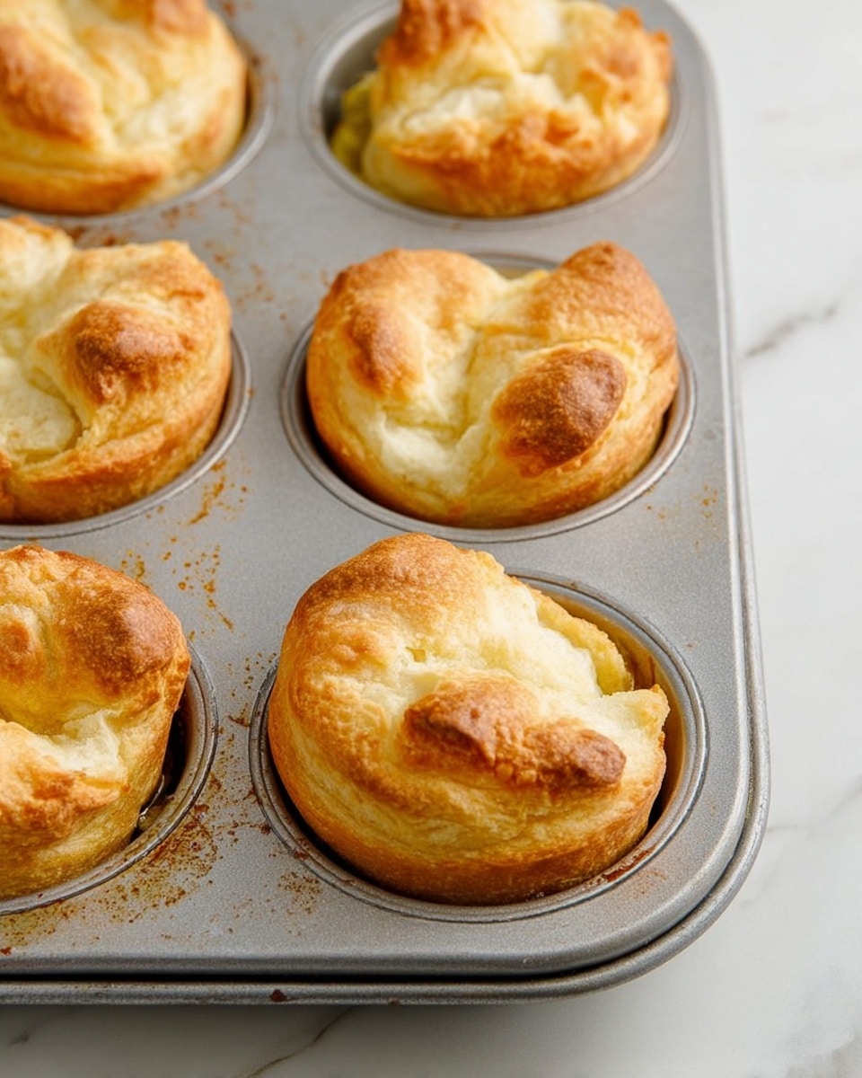 The image shows a close-up of six golden brown baked pastries inside a metal muffin tray. Each pastry has a round base with an uneven, slightly puffed top layer, some edges folded over, showing a mix of soft white and light golden crust colors. The muffin tray has slight grease spots near the pastries. The tray is placed on a surface with a white marbled texture, giving a clean and bright setting. photo taken with an iphone --ar 4:5 --v 7