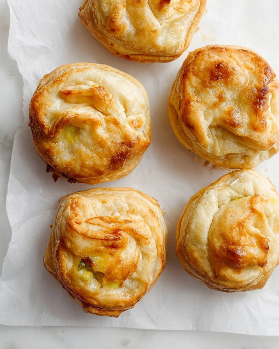 The image shows a white speckled round plate with a savory pie broken open to reveal its filling, placed slightly off-center with an old-fashioned fork resting on the left side and a knife on the right edge of the plate. The pie crust is golden brown with a flaky texture, folded over the top in three overlapping sections. Inside the pie, there are three visible layers of diced vegetables including light yellow potatoes, bright orange carrots, and green peas, all mixed in a creamy sauce. In the background on a white marbled surface, there are three whole, golden brown pies with a similar folded crust pattern. Photo taken with an iphone --ar 4:5 --v 7