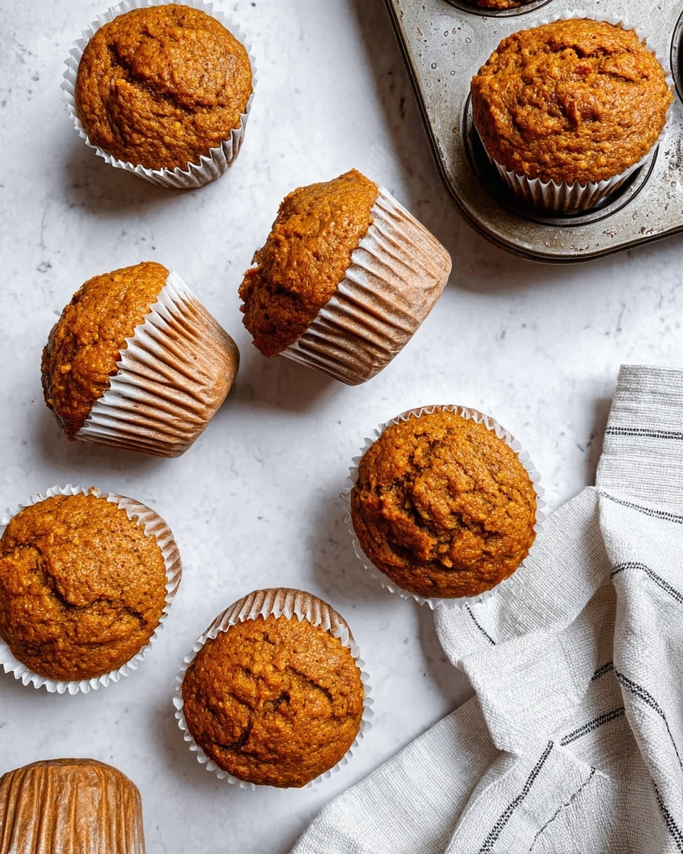 The image shows a group of orange-brown muffins with a rough, cracked top texture scattered on a white marbled surface. The muffins have pleated white baking liners and are placed at different angles, some lying on their sides and others standing upright. One muffin sits inside a metal muffin tray that looks old and used, positioned toward the top right of the image. A white cloth with light gray stripes is partially visible at the bottom right corner. Photo taken with an iphone --ar 4:5 --v 7