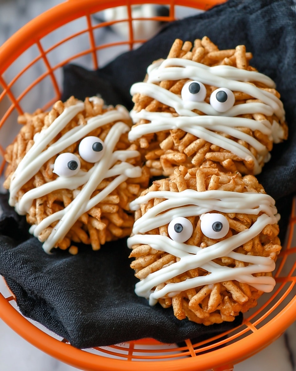 The image shows three small round snack clusters made of light brown crispy sticks tightly packed together. Each cluster is decorated with white icing thickly drizzled in zigzag lines across the top, resembling mummy wrappings. Two edible candy eyes are placed near the center of each cluster, giving a playful face appearance. The clusters sit on a black cloth inside a bright orange wire basket, with the background changed to a white marbled surface. photo taken with an iphone --ar 4:5 --v 7