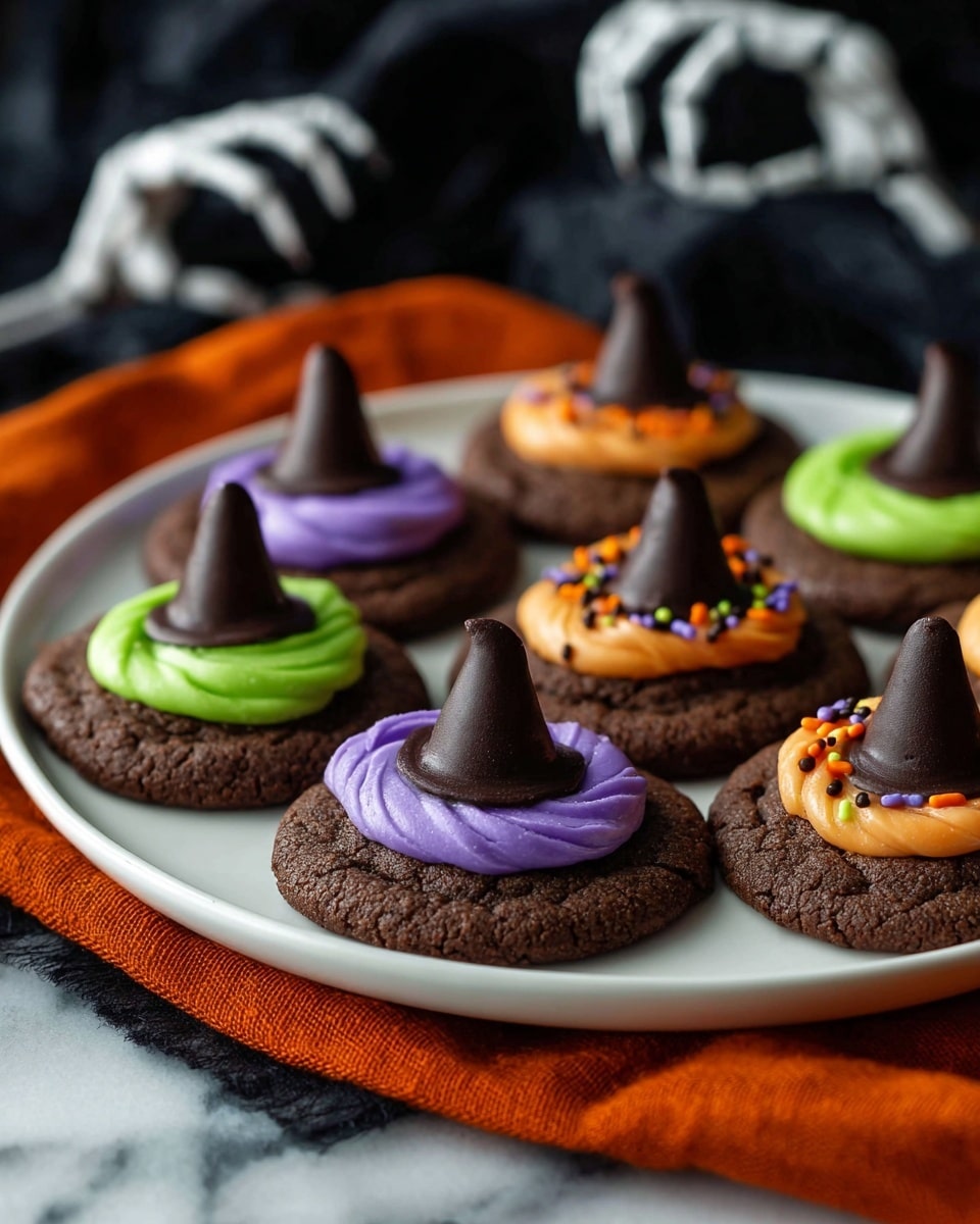 A close-up of round dark brown cookies arranged on a white plate with a white marbled surface under it. Each cookie has two layers: the bottom layer is the cookie, rough and textured, and the top layer is a small circle of colorful creamy frosting in green, orange, or purple with tiny round black and orange sprinkles on some. A large, smooth, dark chocolate drop sits on top in the center of each cookie. Photo taken with an iphone --ar 4:5 --v 7