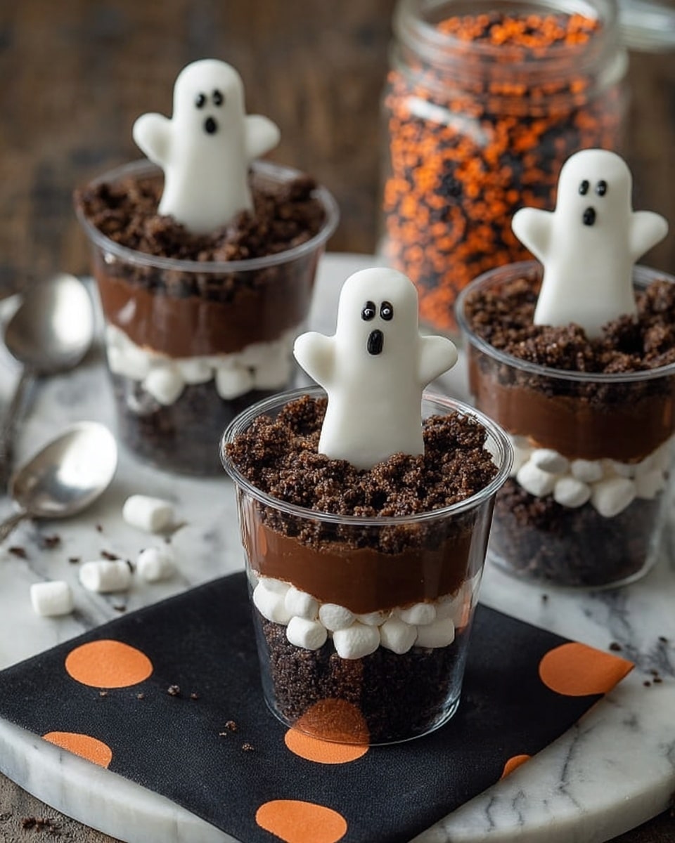 The image shows three clear cups filled with a layered dessert. Each cup has a bottom layer of dark chocolate crumbs, followed by a small layer of white mini marshmallows, then a thick dark chocolate pudding layer. On top, there is a crushed cookie layer with a crumbly texture, and each cup is decorated with a white ghost-shaped marshmallow standing upright with two small dark eyes and a mouth. The cups sit on a white marbled surface, with a black cloth with orange polka dots underneath the cups. A spoon lies next to each cup, and an open jar with scattered orange and black sprinkles is in the background. Photo taken with an iphone --ar 4:5 --v 7