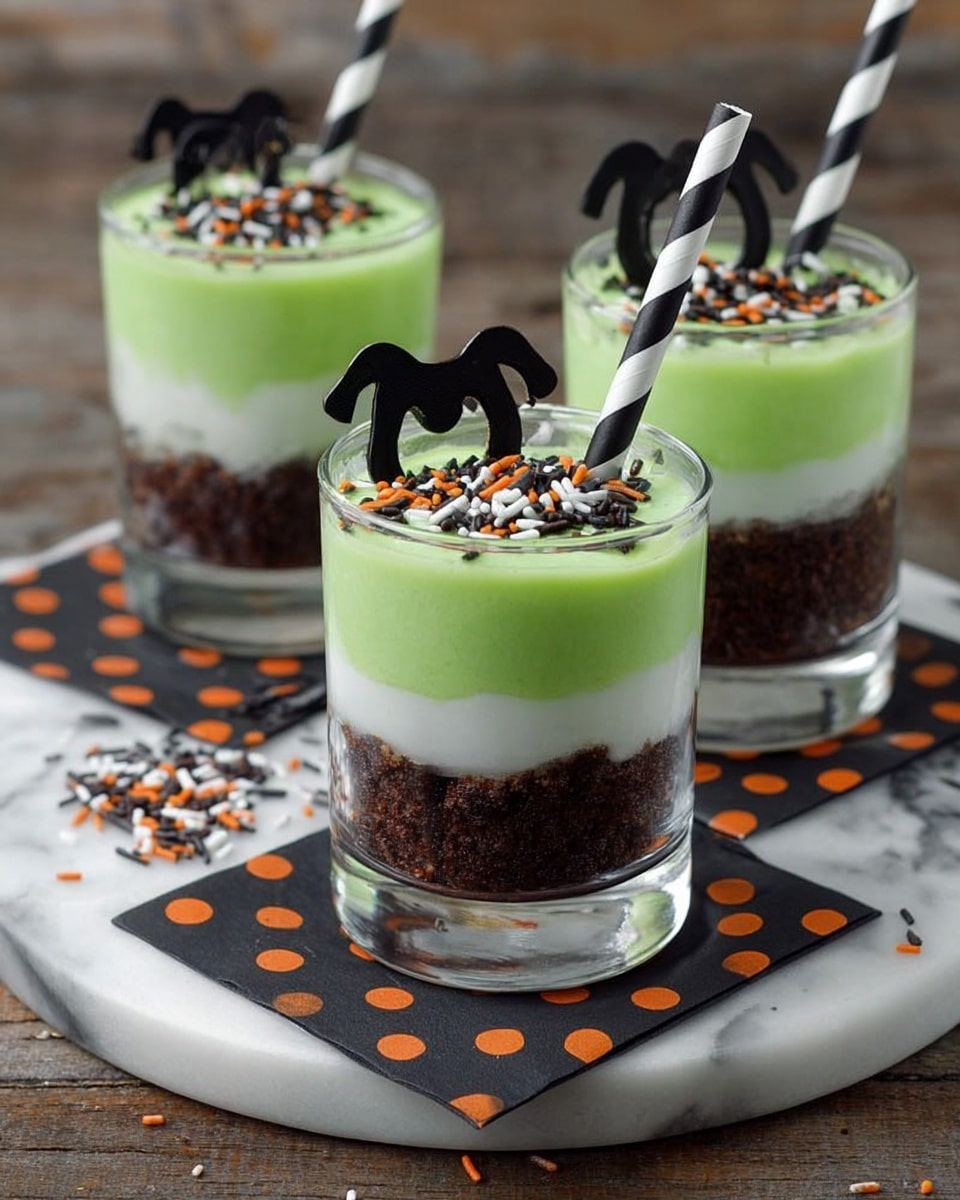 Three clear glass cups sit on a white marbled surface, each filled with three layers. The bottom layer is dark brown and crumbly, the middle layer is thick and white, and the top layer is bright green and smooth. Two of the cups have black and white striped straws with black shapes of the number