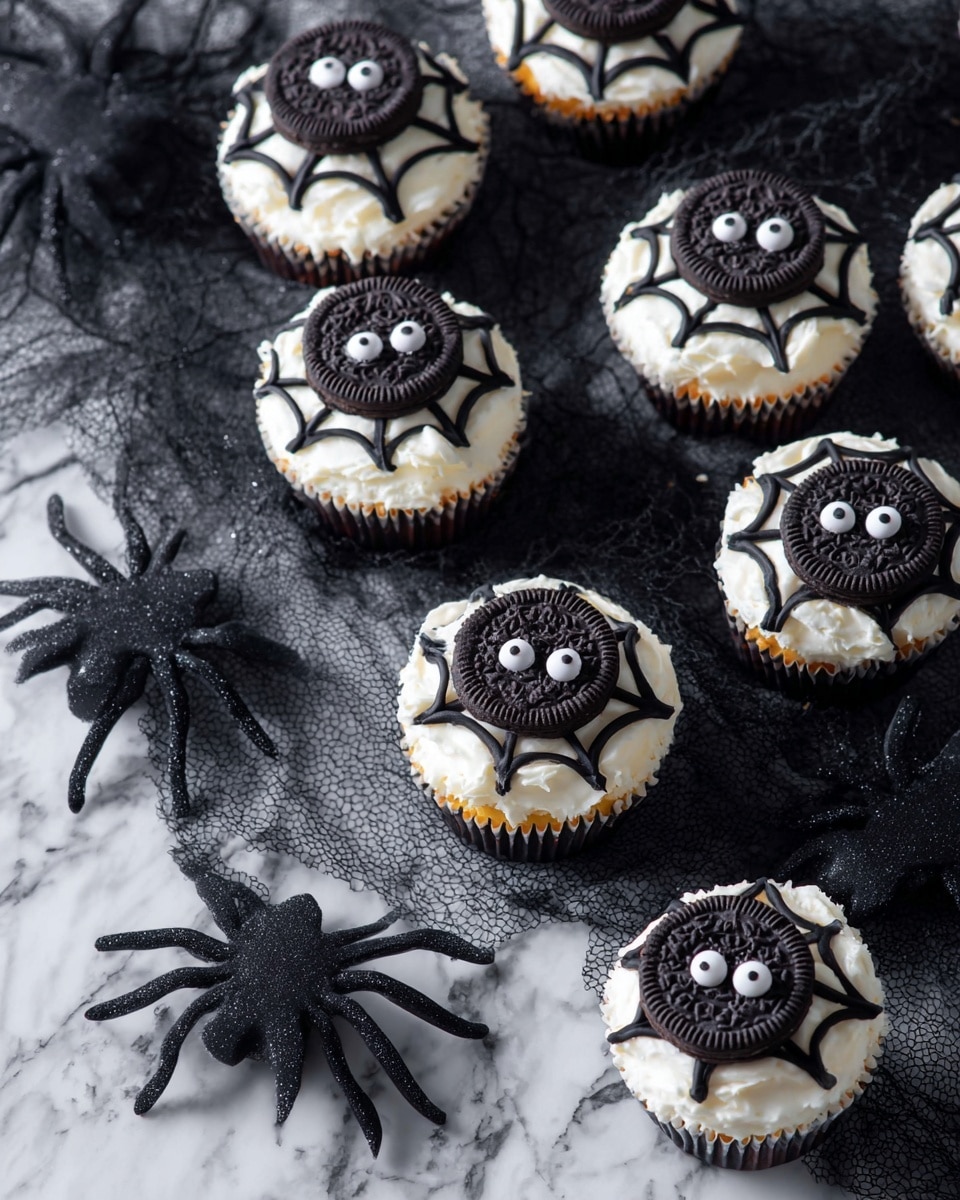 Seven cupcakes are arranged on a white marbled surface with a black mesh cloth underneath some of them. Each cupcake has a smooth white frosting base layer topped with a round chocolate cookie positioned near the center. Black icing is piped on each cupcake to form a spider web pattern extending from the cookie towards the edges. On the cookies, two white candy eyes are placed to resemble a spider's face. Around the cupcakes are several black plastic spider decorations in various sizes=