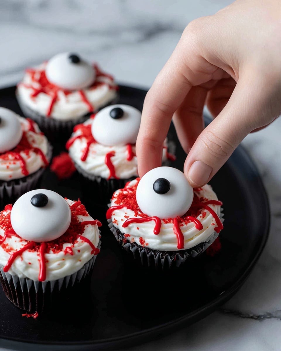 The image shows a close-up of six cupcakes on a black plate, each decorated to look like bloodshot eyes. Each cupcake has a dark base with a thick layer of smooth white frosting on top. Red icing is streaked across the frosting in thin, irregular lines resembling blood vessels. On top of each cupcake, there is a round, flat white candy designed like an eyeball with a black dot in the center. A woman's hand is placing one of these eyeball candies onto a cupcake. The background surface is a white marbled texture. Photo taken with an iphone --ar 4:5 --v 7