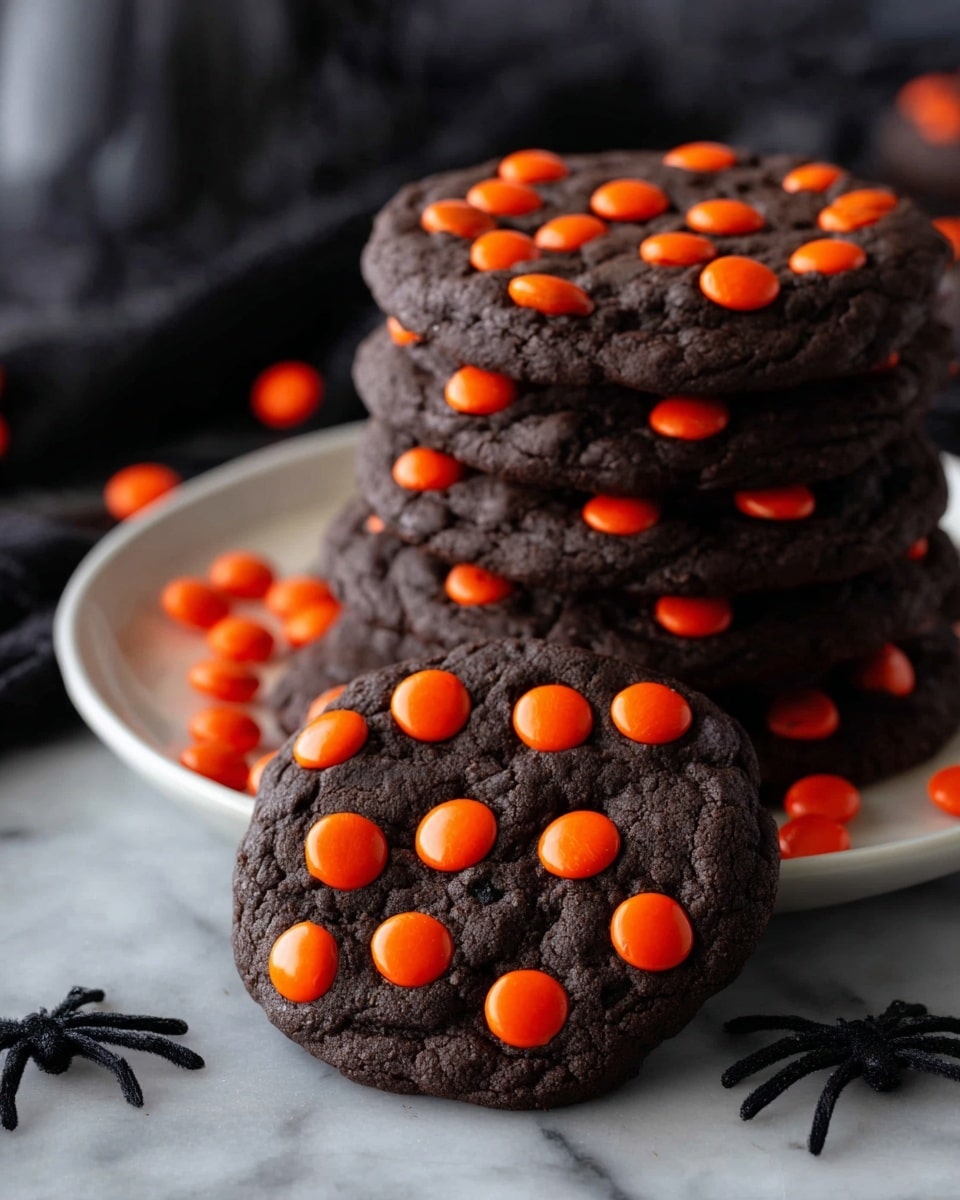 The image shows a close-up of two dark chocolate cookies with bright orange candy pieces scattered evenly on top, sitting on a white plate. Behind them, there is a tall stack of similar cookies also decorated with the same orange candies. The cookies have a rough, slightly cracked surface texture with the candies embedded on the top layer. The plate is placed on a white marbled surface with some small plastic black spiders nearby, adding a Halloween feel to the scene. photo taken with an iphone --ar 4:5 --v 7