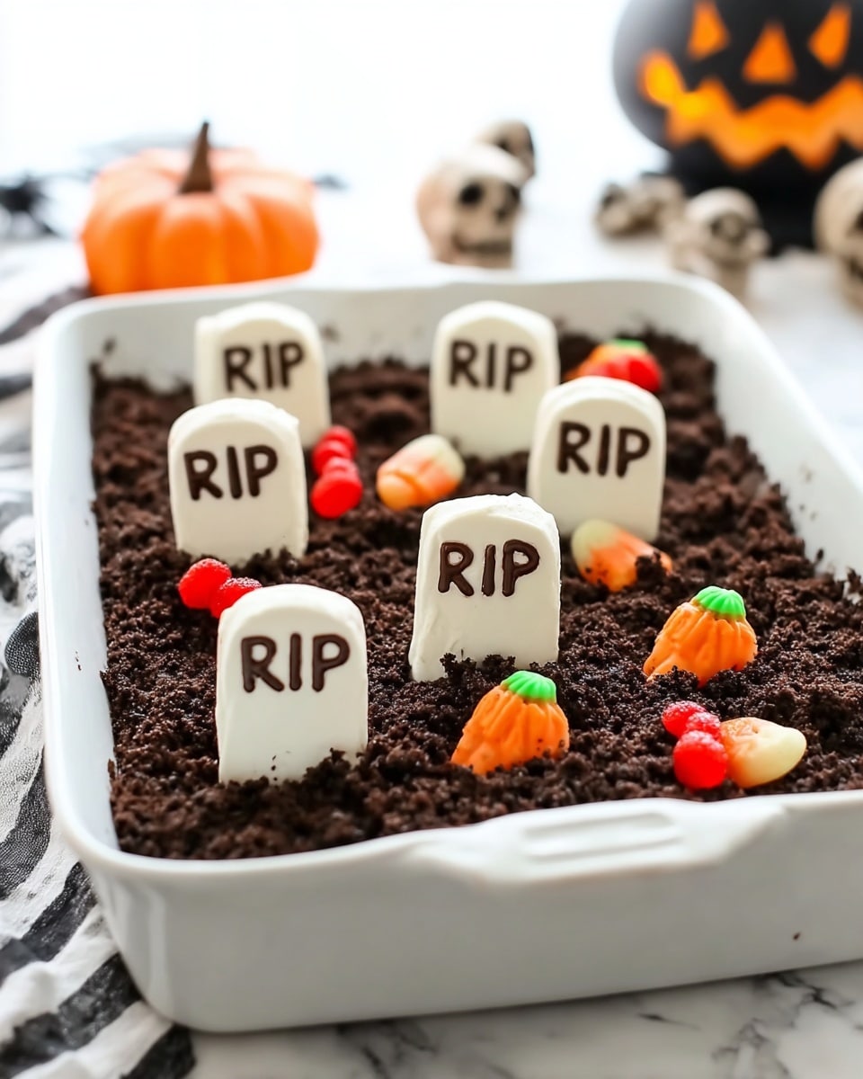 A white baking dish filled with a dark brown crumbly layer that looks like soil covers the bottom. On top, there are seven small, white tombstone-shaped cookies standing upright, each with