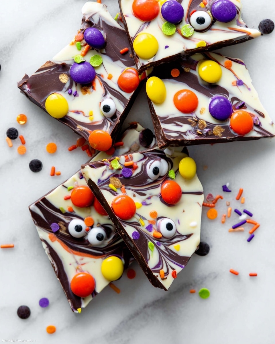 The image shows five irregular pieces of mixed chocolate bark placed over a white marbled surface. Each piece has two layers: a dark chocolate base and a top layer of white chocolate with swirling dark chocolate patterns. On the top, there are colorful candy decorations including large yellow, red, and purple candy-coated chocolates, candy eye pieces, and small orange, black, purple, and green sprinkles scattered evenly across the surface. The chocolate pieces appear smooth and glossy, with a playful and festive look. Photo taken with an iphone --ar 4:5 --v 7