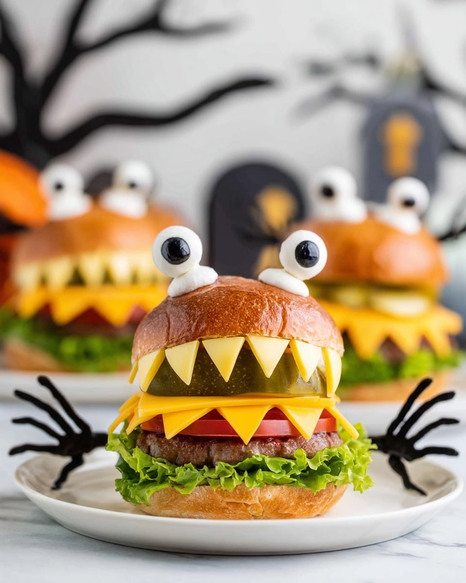 Monster Face Burgers with Mozzarella Eyes and Tomato Teeth Recipe - Recipe Image