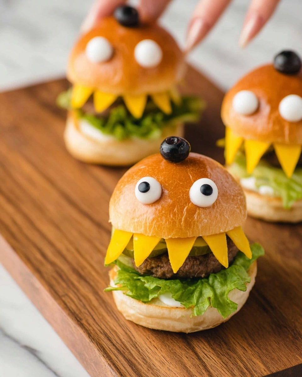 The image shows a fun burger made to look like a monster. It has a shiny golden brown top bun with two dollops of white cream topped with black olive halves for eyes. Below the bun, there are sharp yellow cheddar slices arranged like teeth. A large green pickle slice sticks out in the middle like a tongue. Underneath, there is a layer of red tomato and a thick meat patty sitting on green lettuce on the bottom bun. The burger is placed on a white plate on a white marbled surface. There are two skeletal arms reaching from the sides toward the burger. In the blurry background, two more similar monster burgers are visible with a spooky tree and grave decoration photo taken with an iphone --ar 4:5 --v 7
