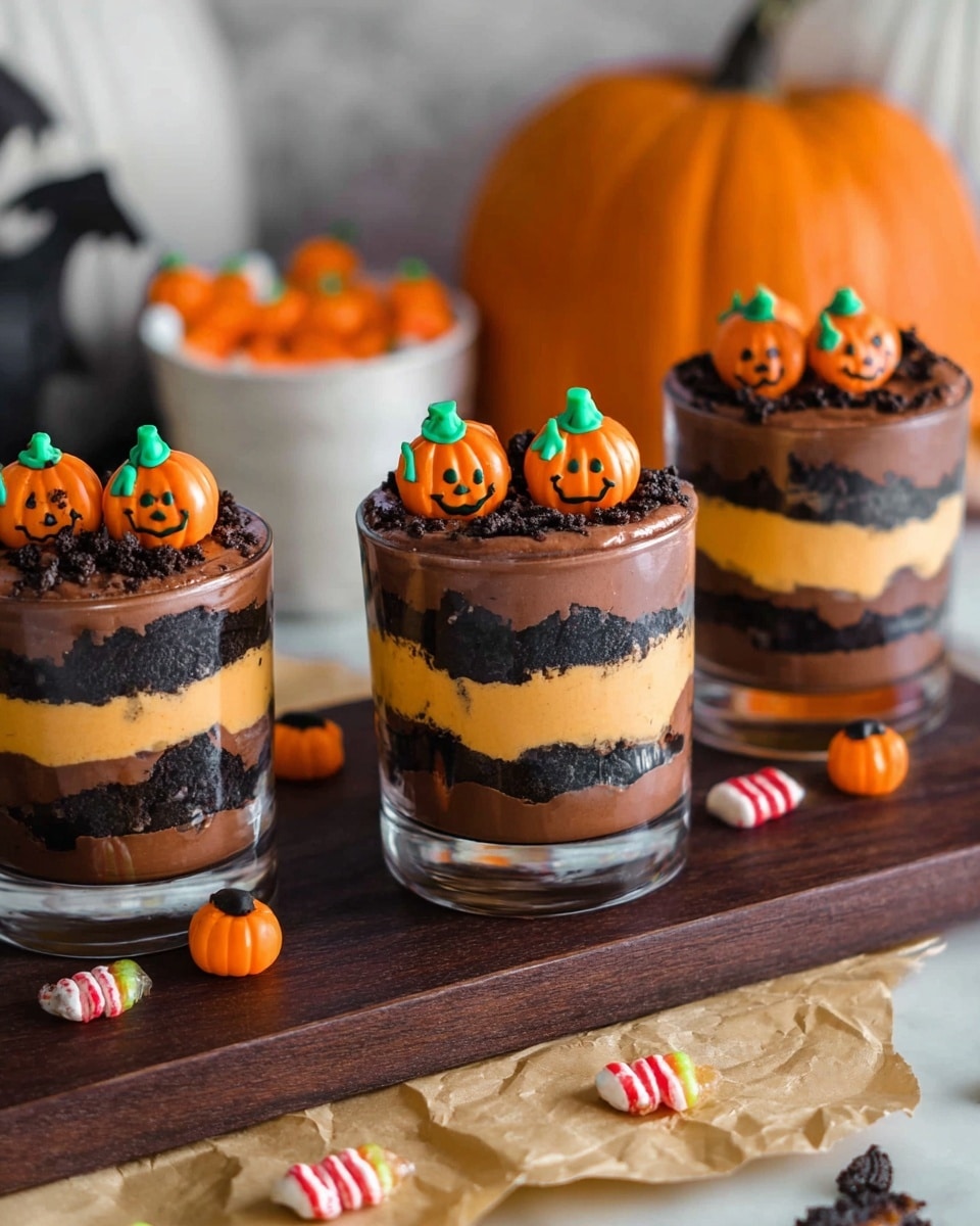 A clear glass holds a dessert with four layers: the bottom layer is thick, dark chocolate mousse with small bits of black cookie crumbs mixed in. Above this is a layer of chunky black cookie pieces, dark and rough in texture. The next layer is smooth, light orange cream, followed by another layer of dark cookie pieces. The top layer is shiny, dark chocolate mousse decorated with three bright orange pumpkin-shaped candies with green stems and several tiny white candy bones with red spots. The glass sits on a black textured surface with a white marbled texture in the background. Photo taken with an iphone --ar 4:5 --v 7