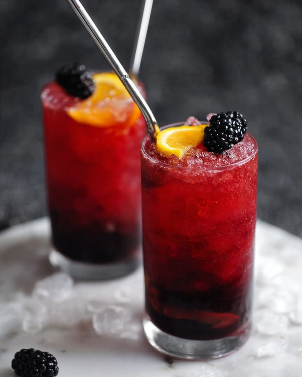 A close-up view of two dark red drinks in clear glasses filled with ice cubes and a layer of deep dark red liquid. Each glass is garnished with a shiny dark blackberry on top, with one showing a silver spoon dipping inside. The glasses are placed on a white marbled surface with scattered pieces of clear ice around them. The overall look is rich and refreshing, highlighting the cold, smooth texture of the drink. photo taken with an iphone --ar 4:5 --v 7