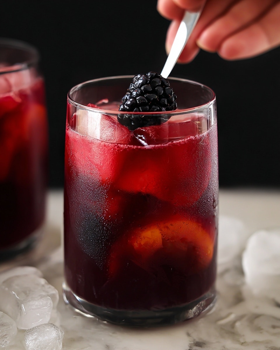 Two tall clear glasses sit on a white marbled surface, filled with a deep red drink layered with crushed ice at the top. Each glass shows a bright lemon wedge inside, creating a yellow-orange contrast beneath the red liquid. A single blackberry floats on top near the ice in both glasses, and metal straws lean in from above. The scene captures the fresh and vibrant look of the cold drinks, with some ice scattered on the surface around them photo taken with an iphone --ar 4:5 --v 7