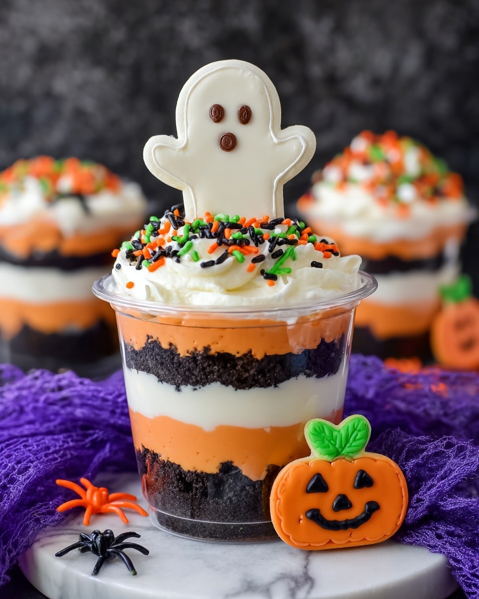 The image shows a clear cup dessert with four layers: the bottom layer is white and creamy, the second layer is dark and crumbly, the third layer is bright orange and smooth, and the top layer is white whipped cream with colorful Halloween sprinkles in orange, black, and green. On the very top, there is a white ghost-shaped cookie with small brown eyes and mouth, standing upright in the cream. In front of the cup, there is a small pumpkin-shaped candy with green leaves and a black outline leaning on the cup. The cup sits on a white marbled surface with purple and black fabric and small orange plastic spiders nearby. Photo taken with an iphone --ar 4:5 --v 7