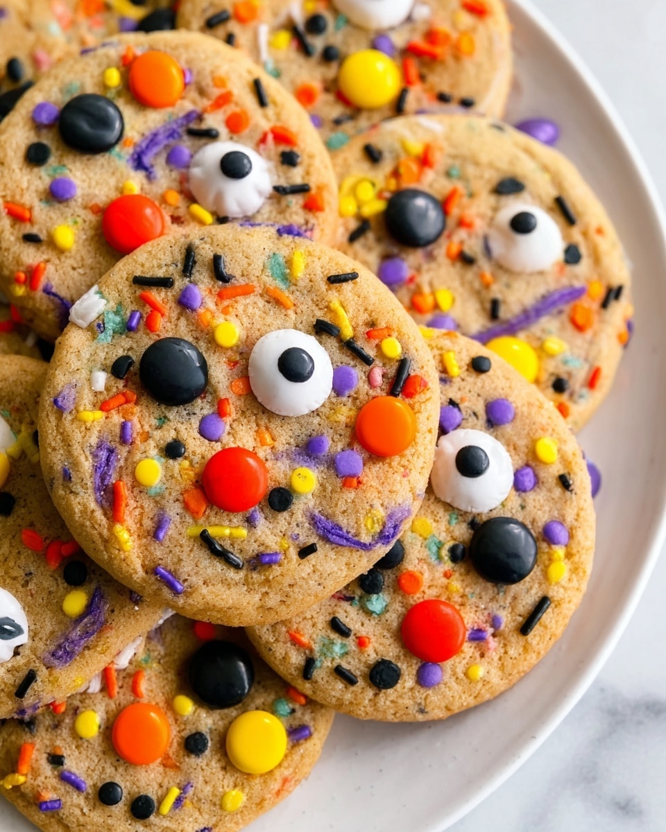 A close-up view of several round cookies layered closely on a white plate placed on a white marbled surface, each cookie is light brown with a slightly rough texture. They are decorated with colorful sprinkles in black, orange, yellow, purple, and white small shapes scattered across the surface. Each cookie also features candy pieces that look like eyes in white with black pupils and colorful round candy, mainly yellow, orange, red, and purple, adding bright pops of color. The cookies overlap each other, filling almost all the plate visible in the image photo taken with an iphone --ar 4:5 --v 7