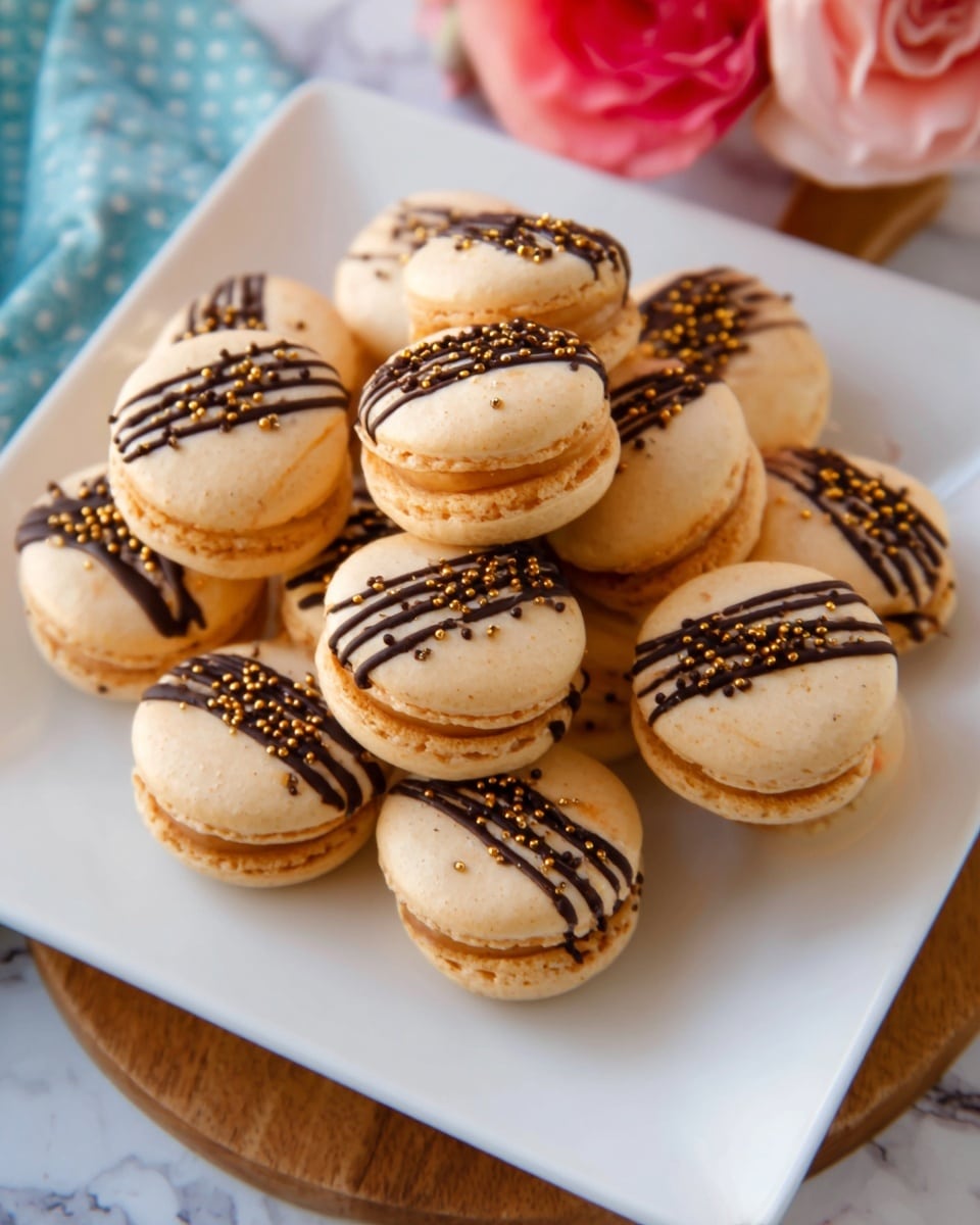A white square plate holds a pile of about twelve light brown macarons, each with two smooth, round shells sandwiching a filling layer in the middle. Each macaron is decorated on top with a thin, dark chocolate stripe running diagonally across, sprinkled with small round black and gold beads. The plate rests on a white marbled surface with a small wooden board and a blue cloth with pink roses visible nearby. photo taken with an iphone --ar 4:5 --v 7