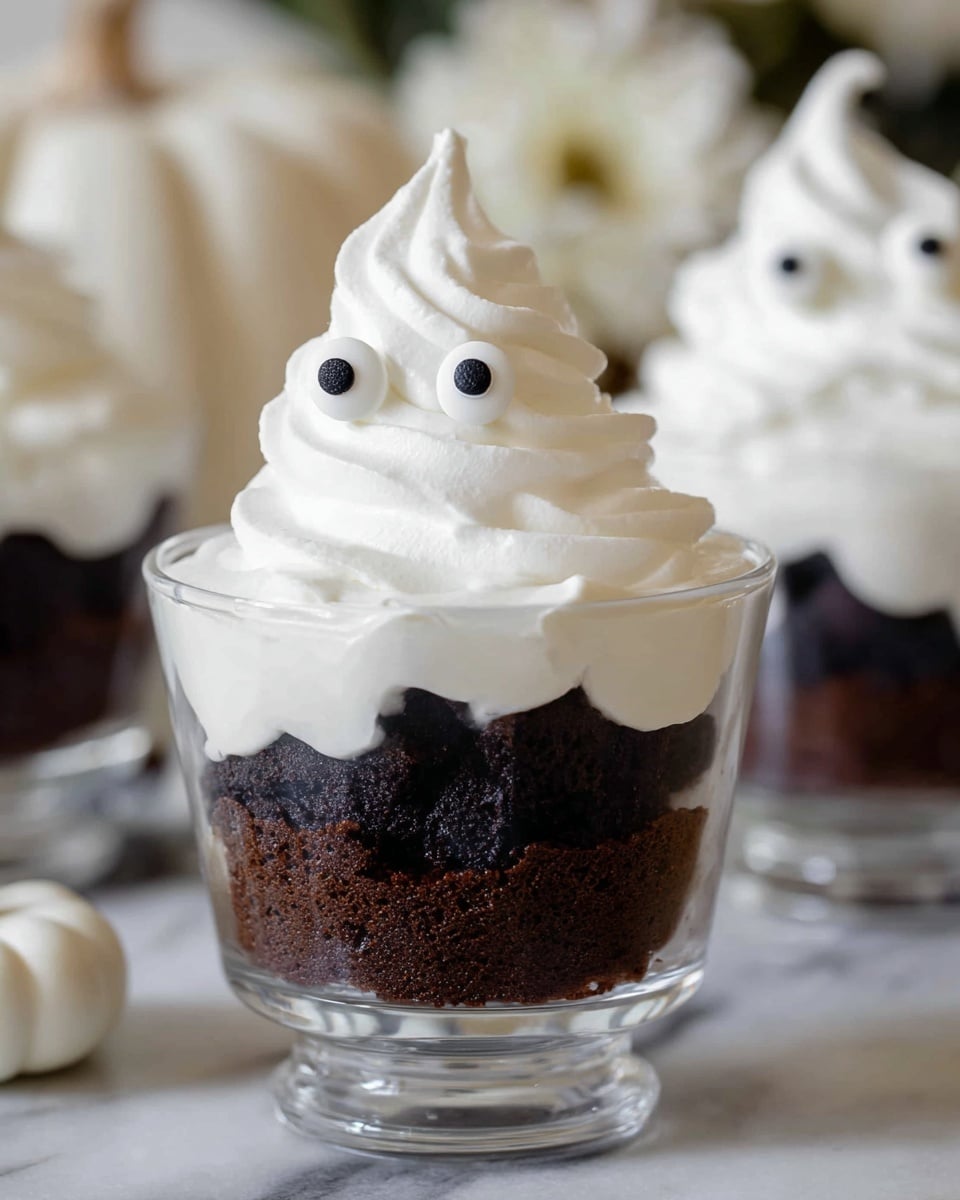 The image shows a dessert in a clear glass cup with three layers: the bottom layer is dark brown chocolate cake, the middle layer is a thick, creamy white whipped topping, and the top layer is another thick layer of dark chocolate cake. On top, there is a large swirl of white whipped cream shaped like a ghost with two white candy eyes that have black dots in the center. In the background, more of the same desserts are visible on a white marbled surface, with a blurred white pumpkin and some white flowers. Photo taken with an iphone --ar 4:5 --v 7