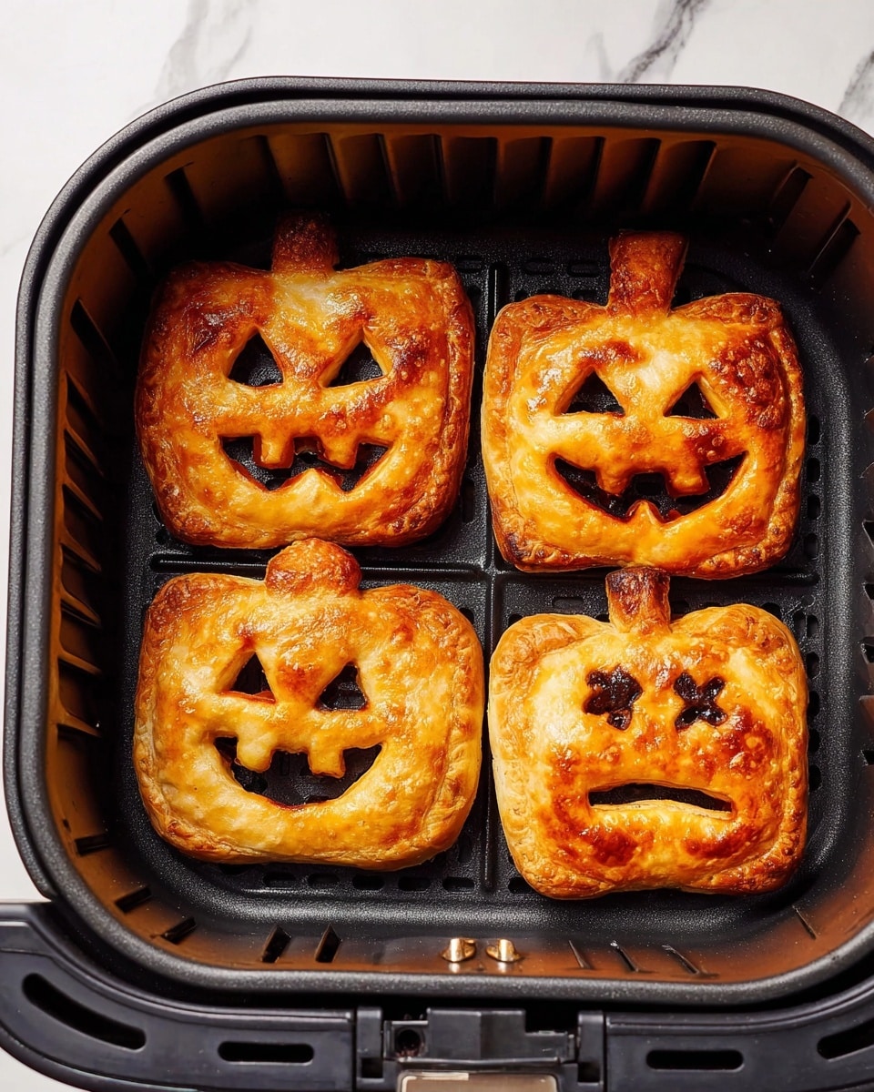Four pumpkin-shaped pastries with a golden brown crust sit inside a black air fryer basket. Each pastry has a different face carved into the crust as jack-o'-lantern features: the top left has triangle eyes and a wide smile, the top right has round eyes and a crooked smile, the bottom left has triangle eyes and a small smile, and the bottom right has triangle eyes and a zigzag mouth showing worry. The crust looks flaky and shiny with some browning on the edges. The air fryer basket has a grid pattern inside and some slots for air circulation. The background is a white marbled surface. photo taken with an iphone --ar 4:5 --v 7