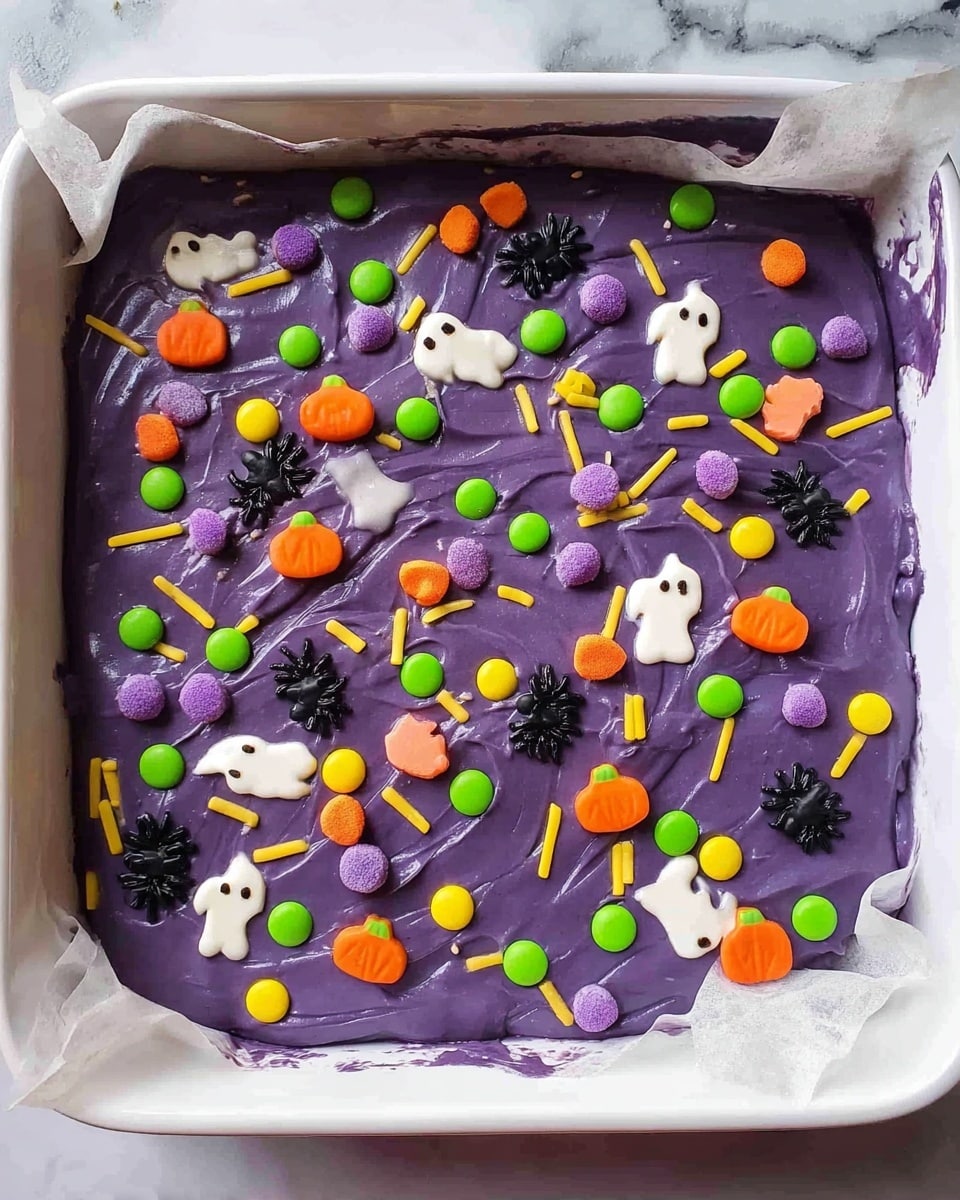 A square white baking dish lined with parchment paper contains a thick layer of smooth purple batter spread evenly across the bottom. Scattered on top are small candy decorations including green round pieces, orange pumpkin shapes, white ghost shapes, black spider shapes, purple round pieces, and thin yellow and black stick shapes, all spread randomly over the purple surface. The edges show some uneven spreading of the batter. The background is a white marbled texture. Photo taken with an iphone --ar 4:5 --v 7