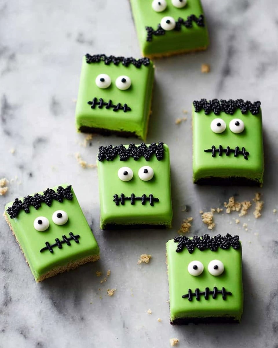 There are six small rectangular green cakes arranged on a white marbled surface. Each cake has two white round candy eyes with black dots, a black zigzag line on top for hair, and a black stitched mouth made with icing. The green icing on the cakes is smooth and shiny, covering the entire top surface of each cake. The sides of the cakes show a darker layer beneath the green icing, adding depth. The cakes are spaced apart with some crumbs scattered around. photo taken with an iphone --ar 4:5 --v 7