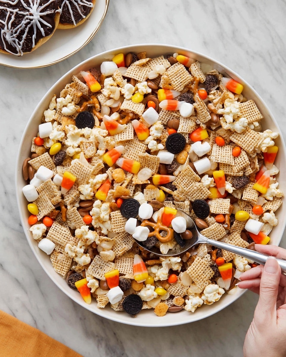 A large white bowl filled with a colorful mix of snacks on a white marbled surface, including light tan square cereal pieces, white popcorn with some caramel coating, small pretzel shapes in light brown, orange candy-coated chocolates, black and white chocolate-coated candies, and candy corn with orange, yellow, and white layers scattered throughout. Behind it, a white plate with black stripes holds three rectangular rice treats partially dipped in brown chocolate and decorated with two white and black candy eyes each, on wooden sticks. There is a black spiderweb-shaped cutout near the bowl and a soft white cloth slightly visible at the bottom right. Photo taken with an iphone --ar 4:5 --v 7