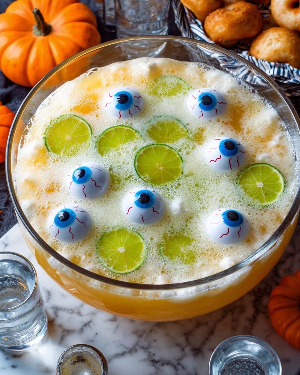 The image shows a large clear glass punch bowl filled with an orange-yellow frothy drink topped with white foam. Floating on the surface are several green lime slices evenly spread out, mixed with several white plastic eyeball decorations that have blue irises and red veins, creating a spooky effect. The punch bowl is set on a white marbled surface, surrounded by a few small pumpkins, a white basket with donuts, and some glasses at the bottom of the frame. The lighting highlights the creamy texture of the foam and the shiny details on the eyeballs, giving a festive and eerie vibe to the drink. photo taken with an iphone --ar 4:5 --v 7