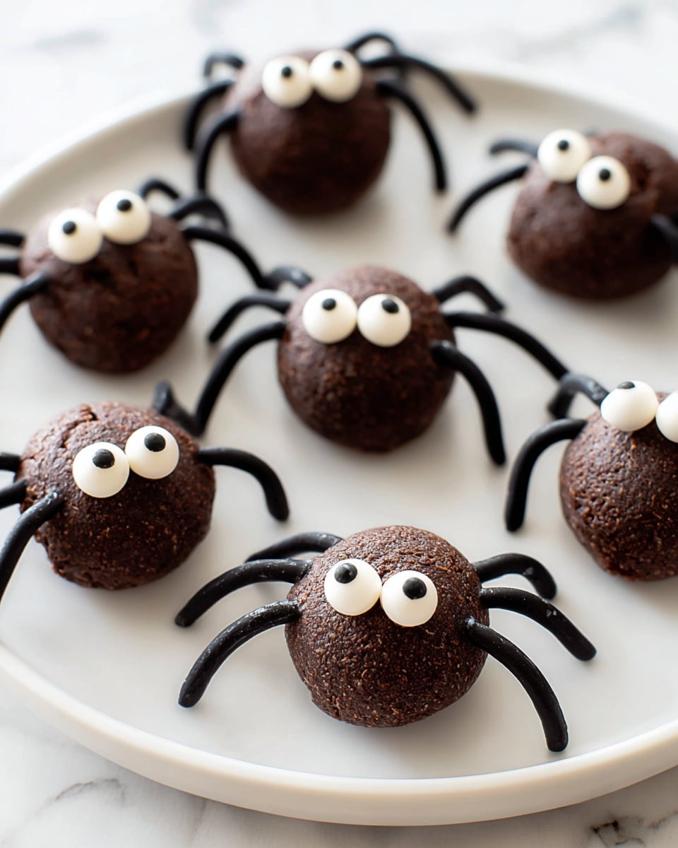 The image shows the process of making spider-shaped chocolate treats in four steps on a white marbled surface. First, there is a smooth, round dark brown chocolate ball with a textured surface. Next, two large white candy eyes with black centers are added on top of the ball, placed close together. The third step adds eight black licorice legs, four on each side, curved and sticking out from the sides of the chocolate ball, making it look like a spider. The last image shows a close-up of several finished chocolate spiders arranged on the white marbled surface, with the dark brown textured body, big white eyes, and shiny black licorice legs visible. photo taken with an iphone --ar 4:5 --v 7