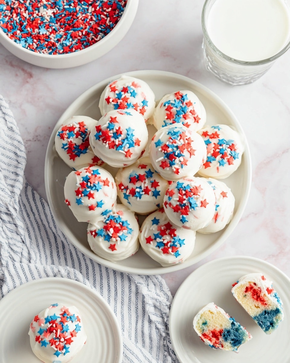 The image shows a white plate full of round treats covered in smooth white frosting with red and blue star-shaped sprinkles on top. Each treat has a layered look with neat ridges of frosting all over. Some of the treats are colorful inside, showing red, blue, and yellow cake layers in a marbled pattern. Around the main plate, there are two smaller white plates each holding a few more of these star-sprinkle treats and a glass of milk. The surface is a white marbled texture, with a striped white cloth on one side. Photo taken with an iphone --ar 4:5 --v 7