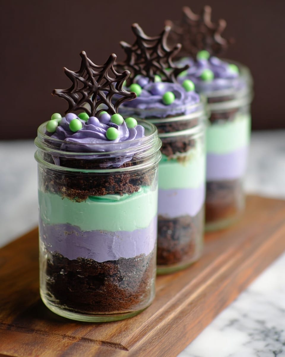 Three clear glass jars are lined up on a wooden board on a white marbled surface. Each jar has four visible layers: the bottom and third layers are dark brown with a rough texture like crumbled cake, the second layer is smooth and light green, and the top layer is smooth and light purple. On top of each jar is a dark chocolate spiderweb shape, with small green and purple round candy decorations placed under the web on the purple layer. The jars are close to the camera with a soft focus background. Photo taken with an iphone --ar 4:5 --v 7