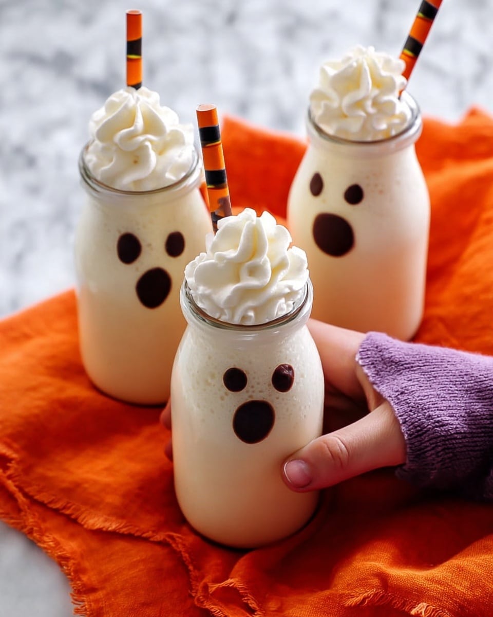 Three clear glass bottles filled with a creamy beige drink are placed on an orange cloth with purple edges on a white marbled surface. Each bottle has a different ghost face drawn with dark chocolate: one has two round eyes and an open round mouth, the second one shows two eyes and a smiling mouth, and the third has two eyes and a surprised round mouth. Two striped paper straws in black and orange lie next to the cloth. The lighting is bright and natural. photo taken with an iphone --ar 4:5 --v 7