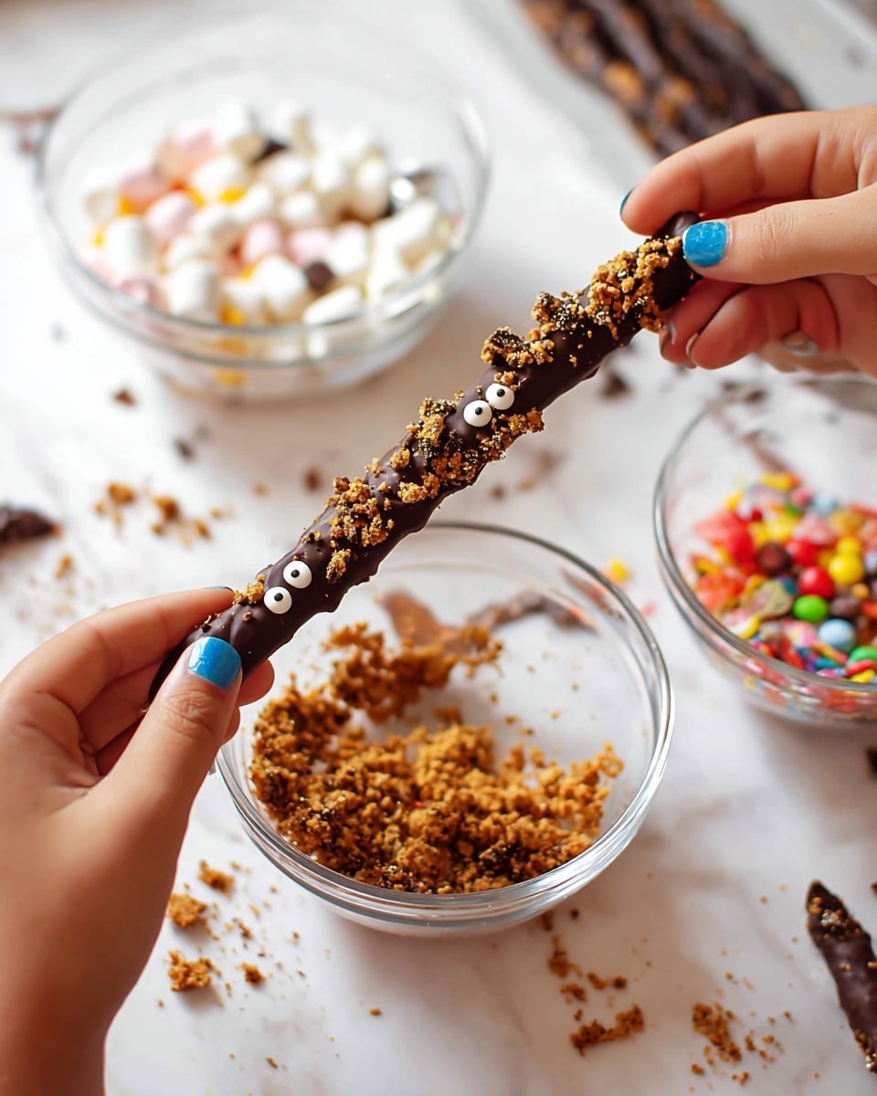 A close-up image of a stick covered in smooth dark brown chocolate with three white candy eyes attached unevenly, being held by two woman's hands with blue painted nails. One woman's hand is sprinkling small golden brown cookie crumbs onto the chocolate-covered stick, which she holds over a clear glass bowl filled with more of the same cookie crumbs. In the background, there is a white marbled surface with two more clear glass bowls—one filled with colorful candy pieces and another with white mini marshmallows. Scattered bits of crumbs and candy pieces lie around the bowls and on the marbled surface. photo taken with an iphone --ar 4:5 --v 7