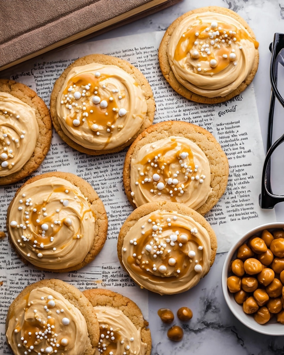 The image shows six round cookies arranged on paper with text. Each cookie has two layers: a light golden-brown cookie base and a thick creamy beige frosting layer swirled on top. The frosting is topped with a glossy caramel-colored drizzle and small white and yellow round sprinkles scattered over it. To the right, there is a small white bowl filled with caramel-colored candy drops. A pair of black-rimmed glasses rests on the paper near the cookies. The whole scene is set on a white marbled surface. Photo taken with an iphone --ar 4:5 --v 7