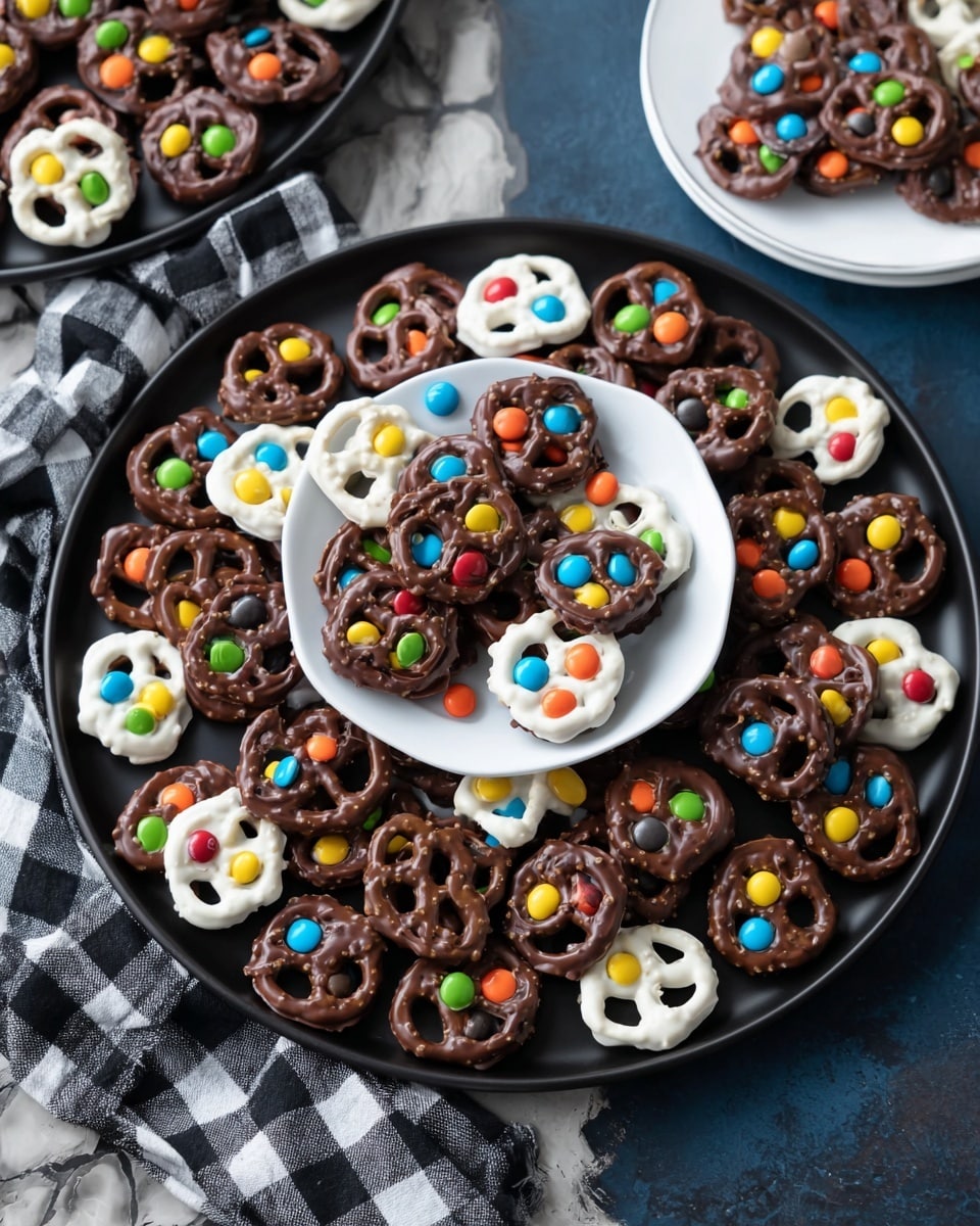 The image shows a large round black tray filled with small pretzels covered in two types of coating: smooth white and rich dark brown chocolate. Each pretzel is decorated with two colorful candy pieces in bright colors like red, yellow, blue, green, and orange, placed on the loops of the pretzels. A smaller white plate sits in the center of the tray, also holding a mix of these white and dark chocolate-coated pretzels with vibrant candy toppings. The tray and plate rest on a dark blue surface with a black and white checkered cloth nearby, and the background is a white marbled texture. Photo taken with an iphone --ar 4:5 --v 7