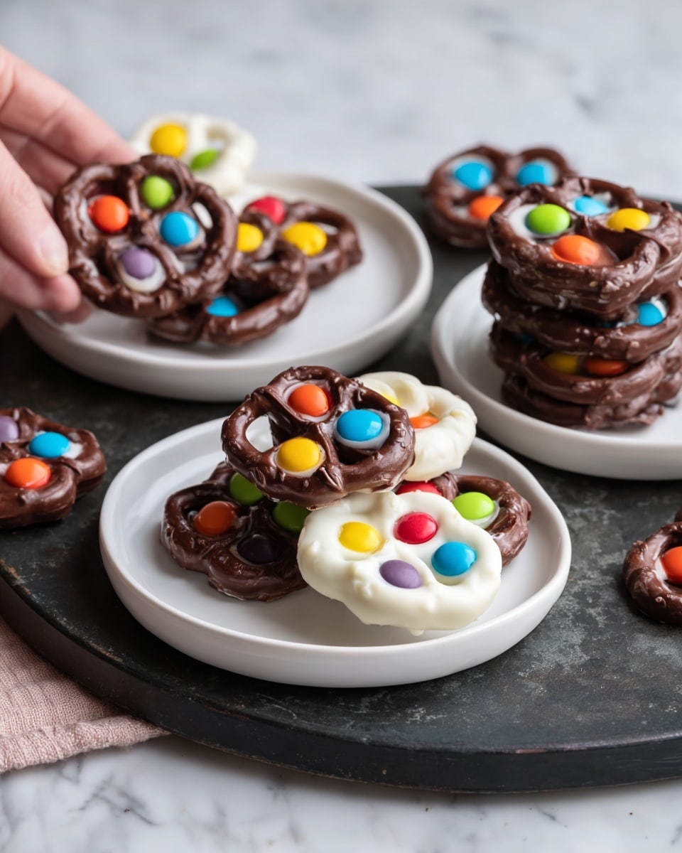 The image shows two stacks of white plates with small chocolate and white chocolate pretzels on top, each pretzel decorated with a pair of colorful candy pieces in the middle, featuring red, orange, yellow, green, blue, and pink hues. The pretzels are arranged in a slightly scattered manner on the plates and the black round surface beneath, which contrasts against the bright white marbled background. The chocolate pretzels are dark brown and textured, while the white chocolate ones are smooth with a creamy finish. A woman's hand holding one pretzel is visible near the upper left side of the plates. Photo taken with an iphone --ar 4:5 --v 7