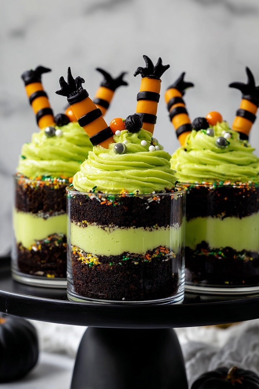 Witches Brew Halloween Cake Jars, Halloween dessert ideas, spooky festive cake jars, Halloween treat recipes, festive chocolate cake jars - The image shows three clear small cups with a layered dessert on a black cake stand over a white marbled texture. Each cup has four layers: the bottom layer is dark brown and crumbly, followed by a thin bright green creamy layer with small colorful sprinkles, then another thick dark brown crumbly layer, and topped with a thick swirled bright green cream. On top of each cup, two black and orange striped witch leg decorations stick out, pointing upward. The dessert is decorated with small decorative balls and sprinkles on the green cream. Photo taken with an iphone --ar 2:3 --v 7