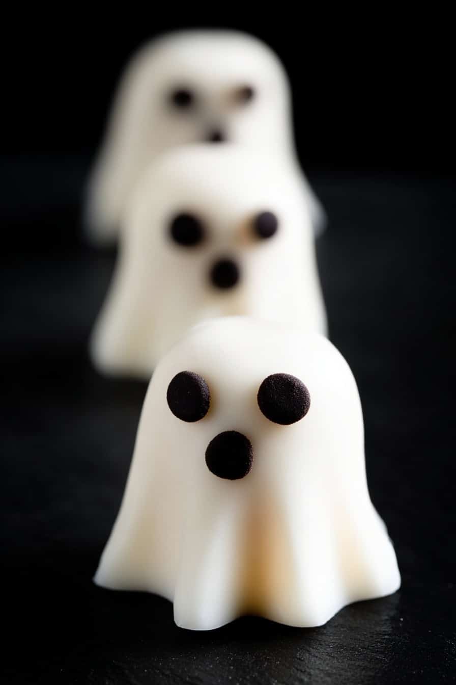 Marshmallow Ghosts Easy Halloween Treats, Halloween Ghost Treats, Spooky Dessert Ideas, Kid-Friendly Halloween Snacks, Quick Halloween Decorations - The image shows a row of three small ghost-shaped treats made from smooth white icing or fondant, each with two round black eyes and a round black nose-like decoration. The treats have a sheet-like shape that flows slightly at the bottom corners to mimic a ghost. The focus is on the closest ghost, with the other two blurred in the background, all placed on a black surface that contrasts with their white color. photo taken with an iphone --ar 2:3 --v 7
