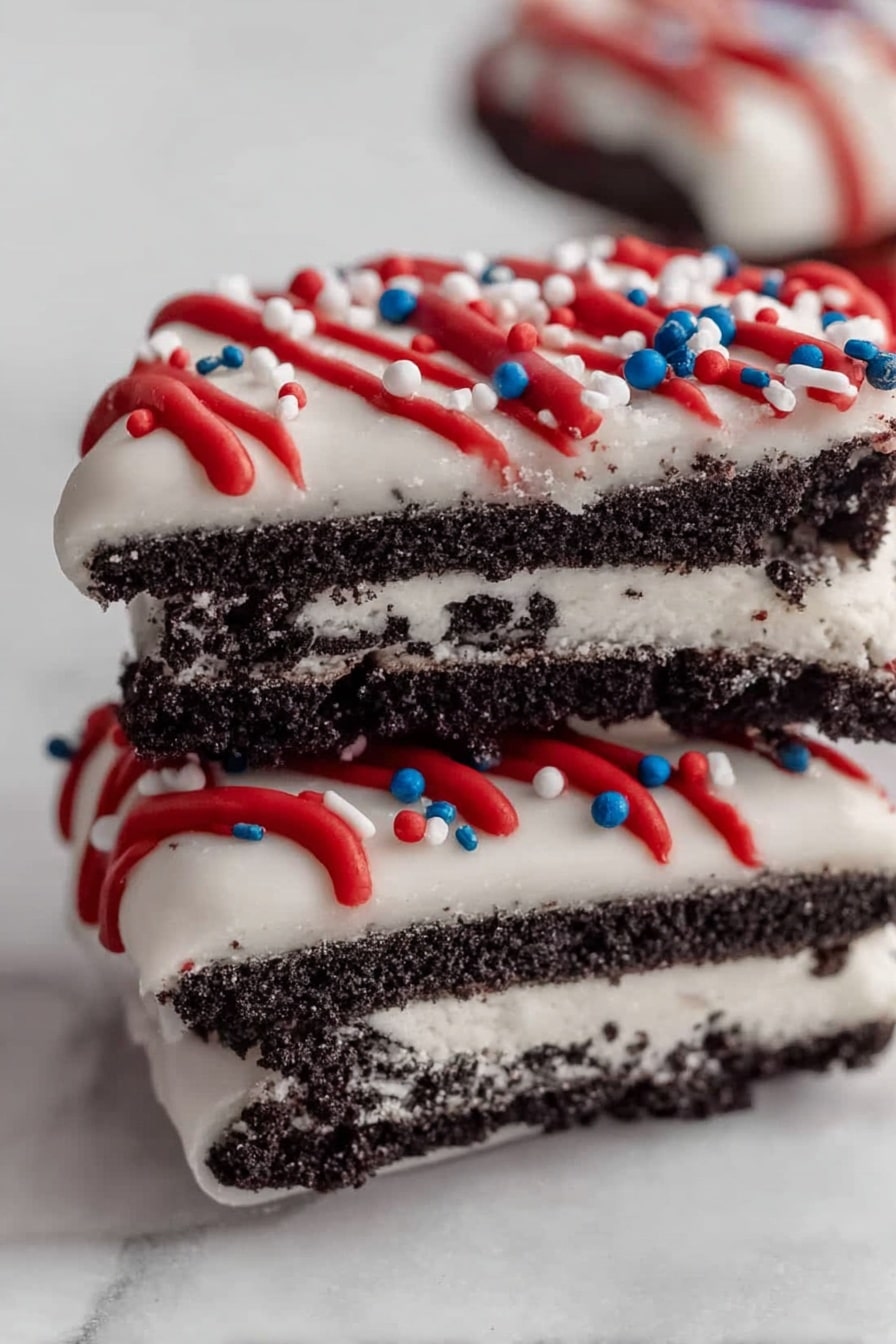 White Chocolate Dipped 4th of July Oreos, patriotic Oreo treats, 4th of July dessert idea, easy festive Oreo dessert, how to make 4th of July Oreos - The image shows a close-up of two sandwich cookie halves stacked on top of a whole cookie. Each cookie has two dark chocolate layers with a light cream layer in the middle. The cookies are covered in smooth white coating with red icing dripping down the sides and small red, white, and blue sprinkles scattered on top and around the cookies. The cookies rest on a white marbled surface with a soft-focus background showing more decorated cookies. Photo taken with an iphone --ar 2:3 --v 7