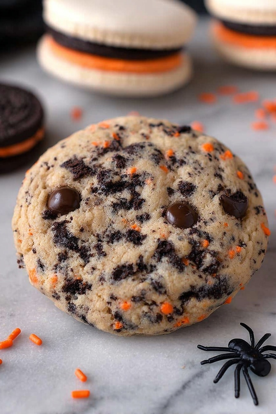 Halloween Oreo Stuffed Chocolate Chip Cookies, Halloween cookies recipe, Oreo stuffed cookie recipe, Halloween dessert ideas, soft chewy Halloween cookies - A close-up image shows a dessert with three black and orange sandwich cookies stacked vertically on a brown surface. On top of this stack sits a half-sphere of cookie dough with black and orange cookie pieces embedded inside. The dough is light beige with visible chocolate chips mixed in. Small black and orange round sprinkles are scattered nearby. The background is blurred but shows more similar cookie dough balls. photo taken with an iphone --ar 2:3 --v 7