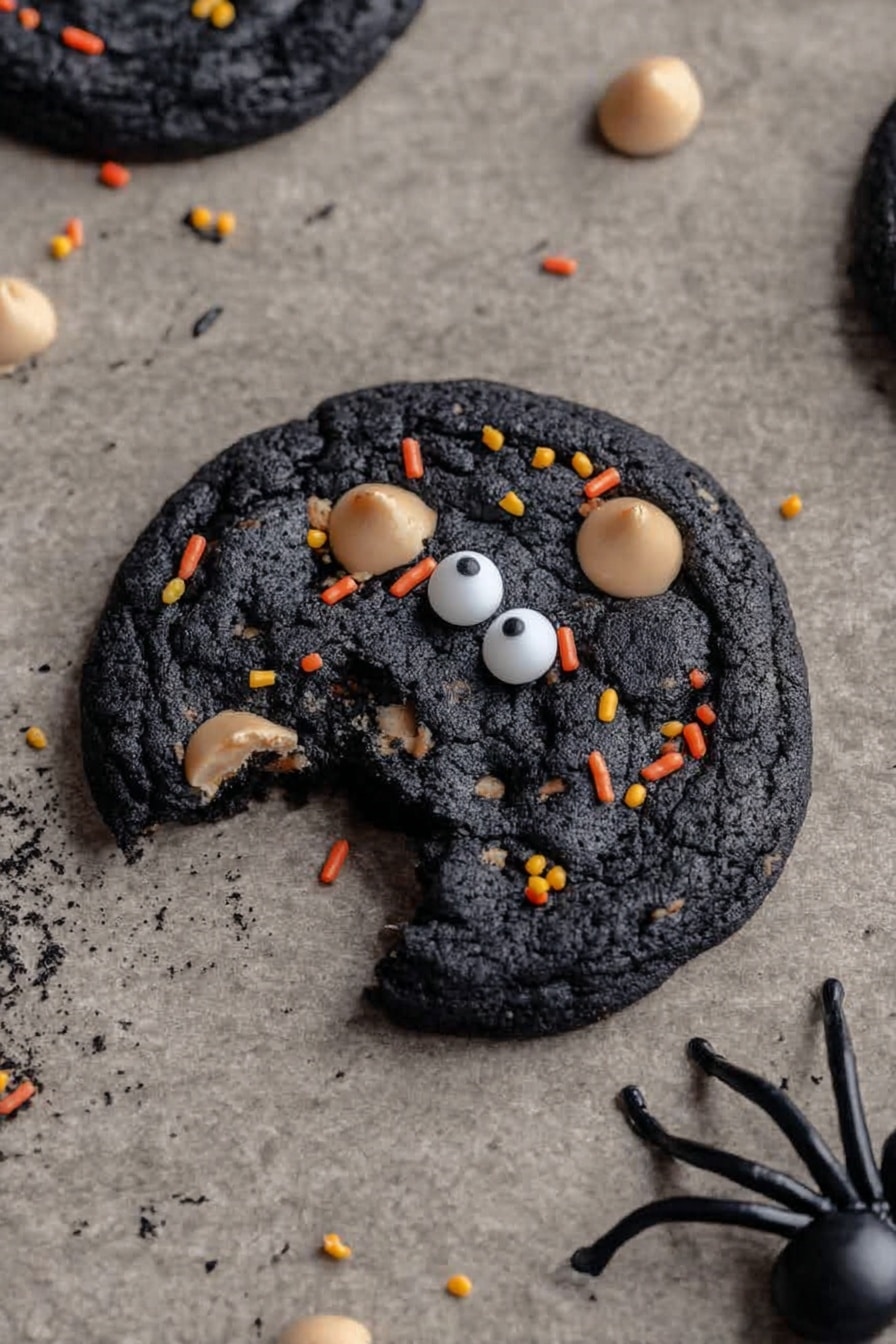 Halloween Black Monster Cookies, Halloween cookies, spooky Halloween treats, black cocoa cookies, monster cookies for Halloween - A dark black cookie with a bite taken from its side lies on a beige textured surface. The cookie has several light tan chips scattered across its top along with small orange and yellow sprinkles. Two white candy eyes with black pupils are placed near the center, giving the cookie a playful face-like look. A plastic black spider sits to the right of the cookie, adding a spooky touch. photo taken with an iphone --ar 2:3 --v 7