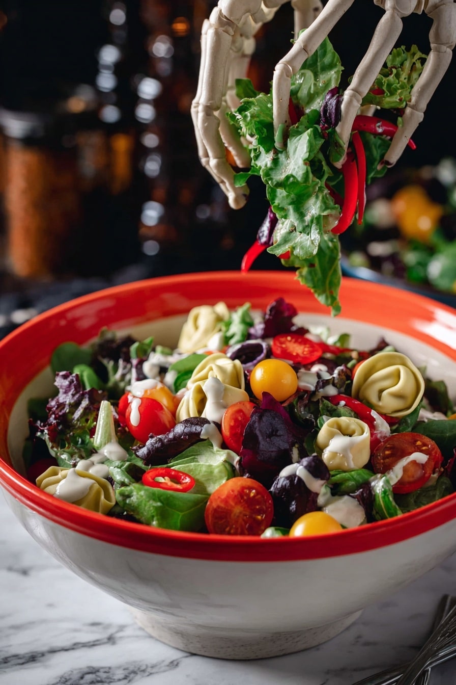 Spooky Halloween Salad with Colorful Tortellini, cheese skulls, red wine vinaigrette, Halloween party appetizer, festive fall salads - A round bowl with an orange rim dotted with white spots holds a colorful salad on a white marbled surface. The base is made of mixed leafy greens with a dark green and purple shade. On top, there are bright orange, purple, and green tortellini pasta scattered evenly. Small orange grape tomatoes and ring slices of orange and red mini bell peppers add more color. Thin red strips, resembling dried pepperoni, are spread through the salad. Black olive slices punctuate the dish, and tiny white dollops shaped like skulls are placed across the entire salad, adding a spooky touch. In the background, a glass jar of dressing and parts of additional bowls with similar salad are visible, along with a skeleton prop near the bottom edge. Photo taken with an iphone --ar 2:3 --v 7