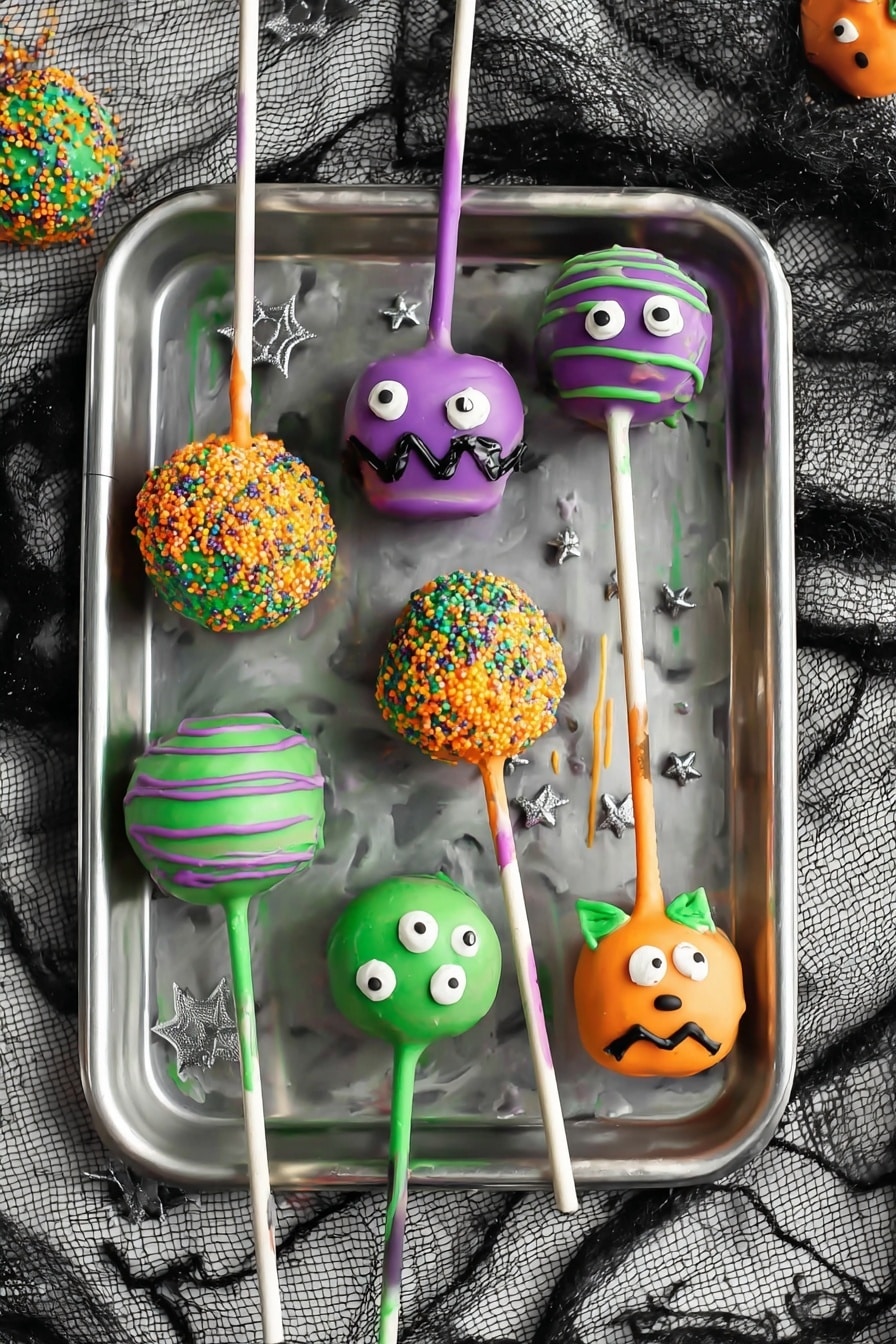 Halloween Cake Pops, Halloween Cake Pops рецепт, festive cake pops recipes, easy Halloween treats, Halloween party desserts - The image shows a close-up of colorful Halloween-themed cake pops on white sticks, arranged on a metal baking tray placed on a white marbled surface. The cake pops have three main designs: one is bright orange with two white candy eyes and a zigzag black mouth and two small green horns on top, resembling a monster; another is orange covered with small round sprinkles in purple, green, and orange; the third is green with small black candy eyes, looking like a monster face with a rough texture. There are additional purple and green-striped cake pops with pastel-colored drizzle. Nearby on the white marbled surface, a few other cake pops in orange and purple with green and white sticks lie scattered. Small silver star sprinkles are spread on the tray. Photo taken with an iphone --ar 2:3 --v 7