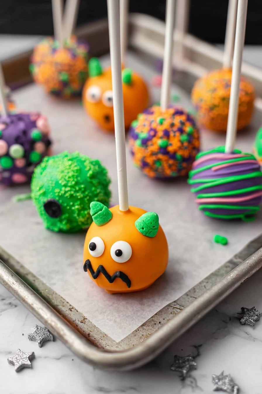 Halloween Cake Pops, Halloween Cake Pops рецепт, festive cake pops recipes, easy Halloween treats, Halloween party desserts - A metal tray holds six Halloween-themed cake pops, each on a colorful stick. From top to bottom, the first cake pop is green with orange and purple sprinkles, on a purple stick. The second is purple with black zigzag icing and candy eyes and little orange and green sprinkles as hair, on a green stick. The third is orange with purple and green sprinkles, on a white stick. The fourth is plain green with three white candy eyes and a black mouth, on a purple stick. The fifth is green with thin purple, yellow, and pink icing stripes, on a purple stick. The sixth is orange with two white candy eyes, black mouth, and green candy horns, on a white stick. The metal tray is on a black spider web cloth that covers a white marbled surface. Small silver star sprinkles are scattered on the tray photo taken with an iphone --ar 2:3 --v 7