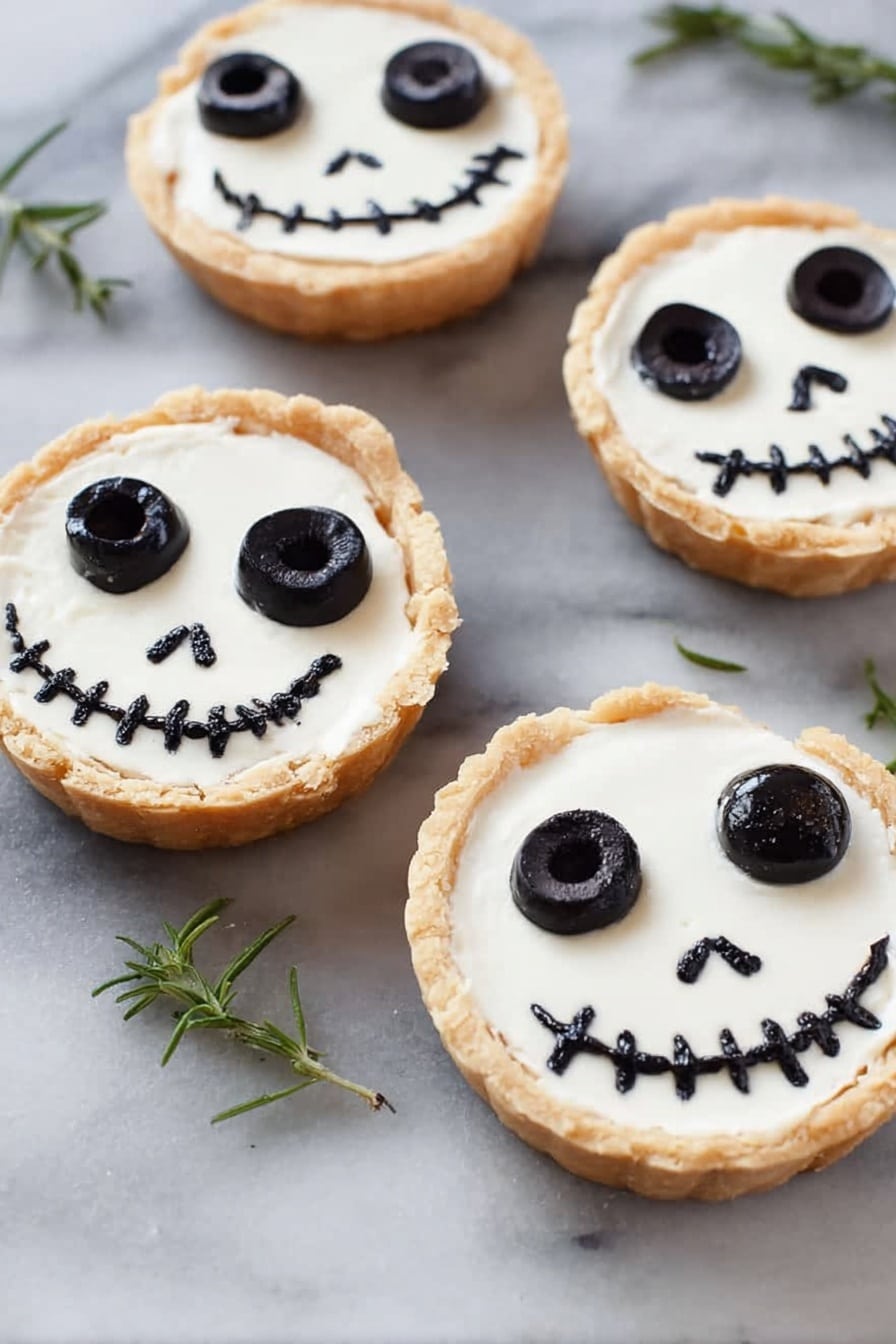 Halloween Jack Skellington Ricotta Olive Tarts, savory Halloween tart recipes, festive spooky tart ideas, easy Halloween appetizer recipes, creative Halloween party treats - A small round tart with a golden crust holds a smooth, white cream layer that forms the base. On top, there are two large black olives placed as eyes near the upper part of the tart. Below them, two small black olive pieces form the nose, and a curved line of small black olive slices creates a stitched smile across the lower half. The tart sits directly on a white marbled surface, with sprigs of green herbs scattered around and a wooden bowl with black olives visible in the upper left corner. Photo taken with an iphone --ar 2:3 --v 7
