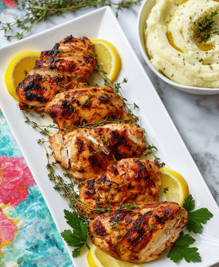 The image shows a white plate with five pieces of golden brown grilled chicken, arranged in a slightly overlapping row. Each piece has a crispy, browned surface with visible char marks and some darker spots, giving a texture that looks both tender and slightly crispy. Around the chicken, there are sprigs of fresh green thyme and a few bright yellow lemon wedges, adding color contrast. The background is a white marbled surface that enhances the warm colors of the chicken. Photo taken with an iphone --ar 4:5 --v 7