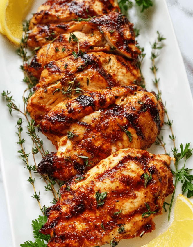 The image shows five pieces of golden-brown grilled chicken arranged in a slightly overlapping line on a white rectangular plate. Each chicken piece has a crispy and slightly charred surface with visible grill marks and a juicy texture underneath. Green sprigs of thyme are spread on and around the chicken, adding a touch of fresh green color. On the sides of the plate, there are small bright yellow lemon wedges and a few parsley leaves for garnish. All of this is set on a white marbled surface. photo taken with an iphone --ar 4:5 --v 7