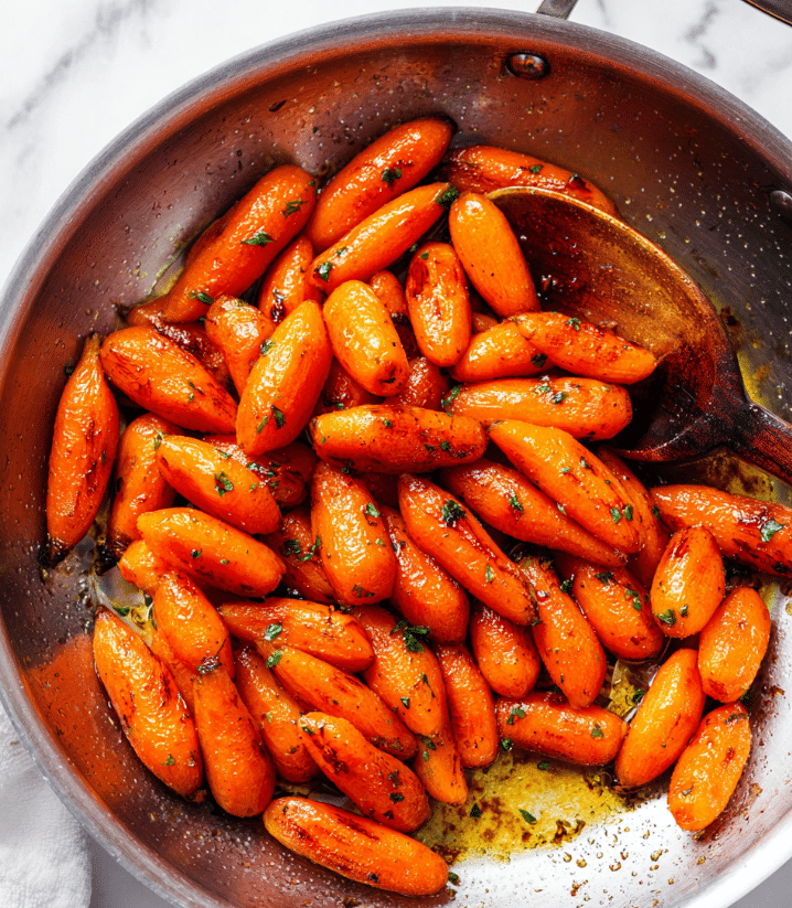 The image shows a close-up of a metal pan filled with shiny, cooked baby carrots that are a bright orange color, some with light charred spots. They are covered in a glossy sauce with small green herb bits scattered around. The carrots vary slightly in size, and a metal spoon with a wooden handle is scooping some of them from the pan. The pan sits on a white marbled surface. photo taken with an iphone --ar 4:5 --v 7
